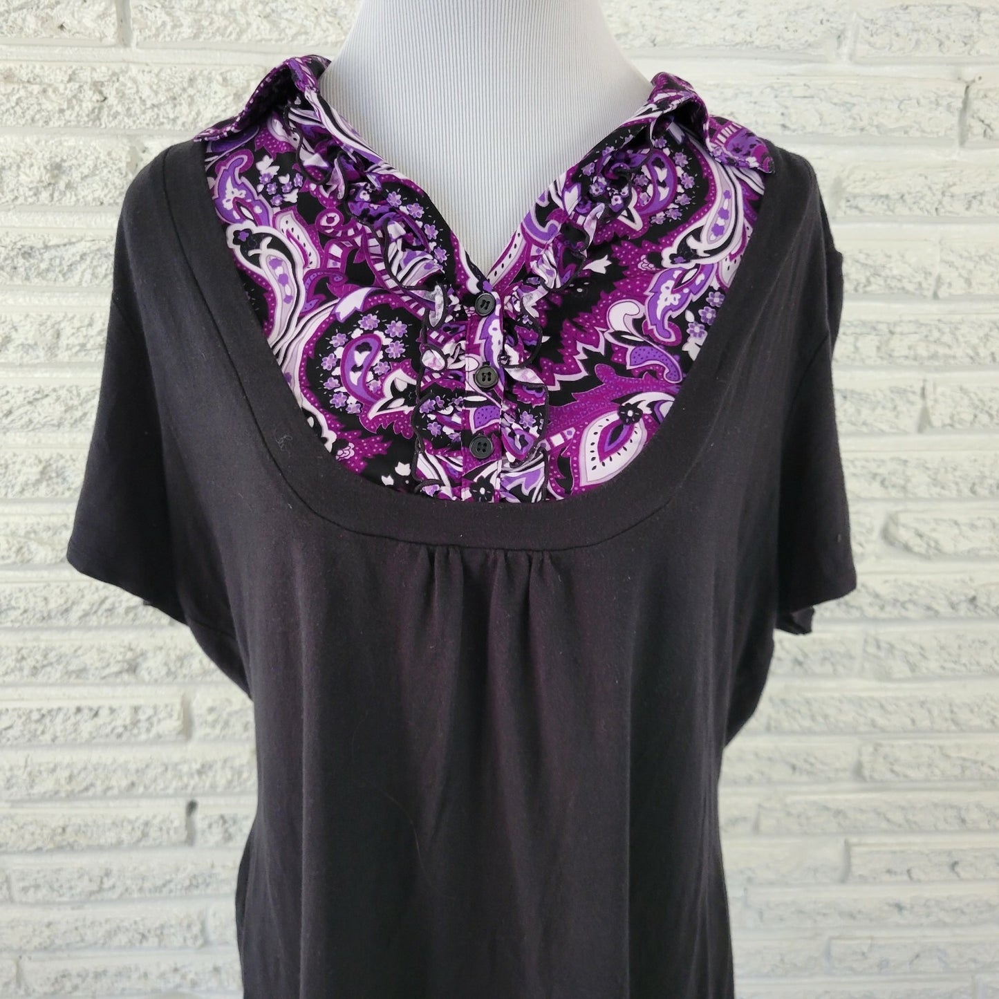 Style & Co Womens Top 2X Plus Short Sleeve Paisley Quarter Button Collar Purple