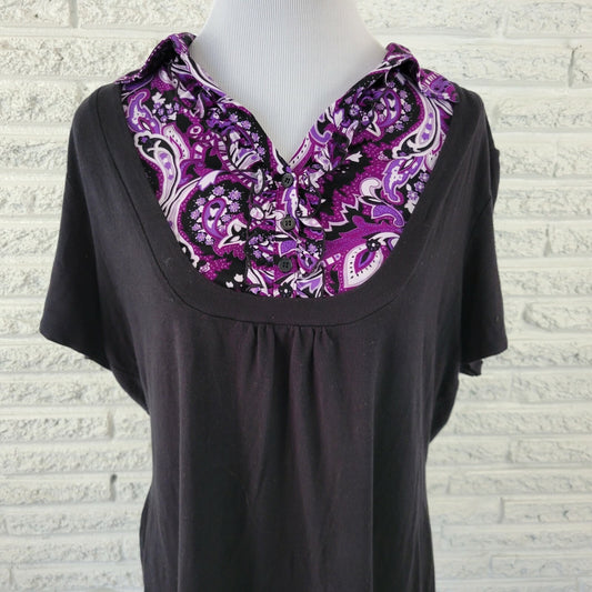 Style & Co Womens Top 2X Plus Short Sleeve Paisley Quarter Button Collar Purple