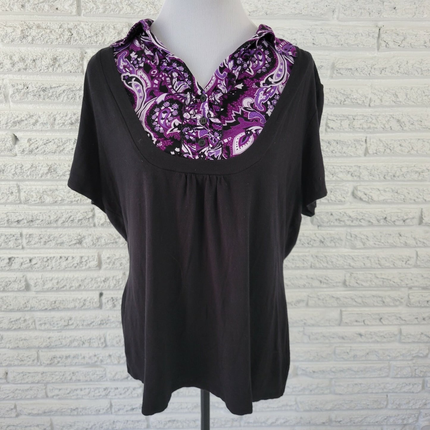 Style & Co Womens Top 2X Plus Short Sleeve Paisley Quarter Button Collar Purple