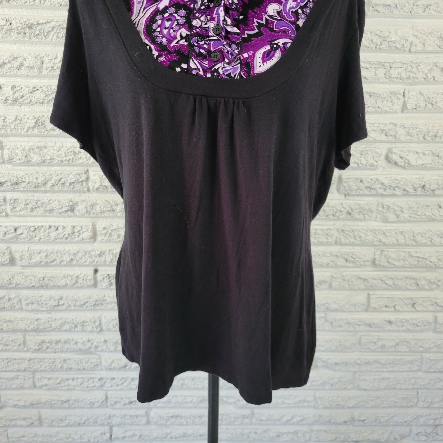 Style & Co Womens Top 2X Plus Short Sleeve Paisley Quarter Button Collar Purple