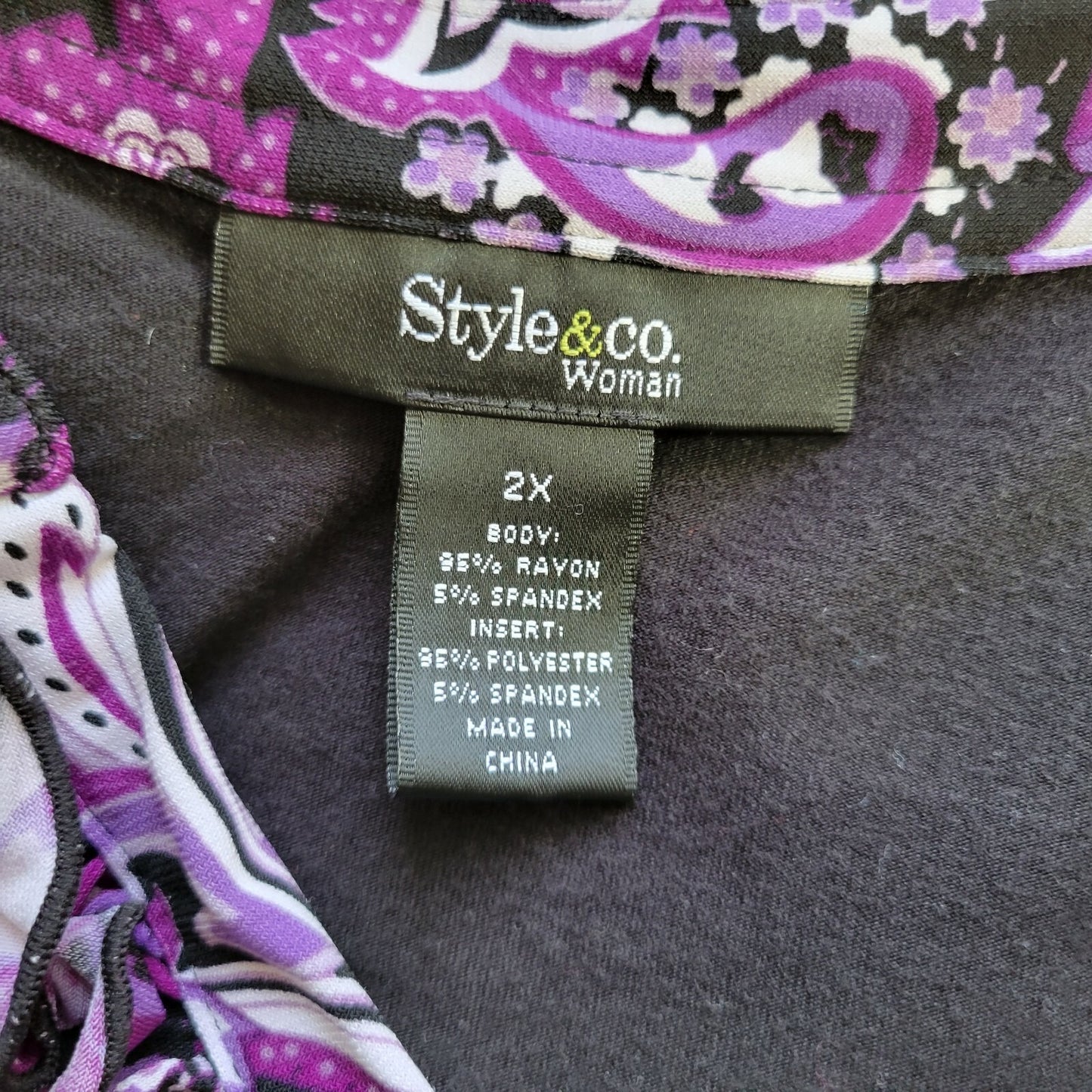 Style & Co Womens Top 2X Plus Short Sleeve Paisley Quarter Button Collar Purple