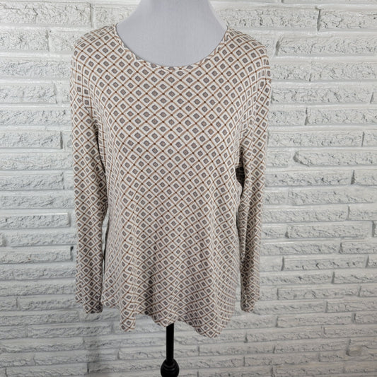 Croft Barrow Womens Top Extra Large XL Tee Long Sleeve Gray Tan Geometric Cotton
