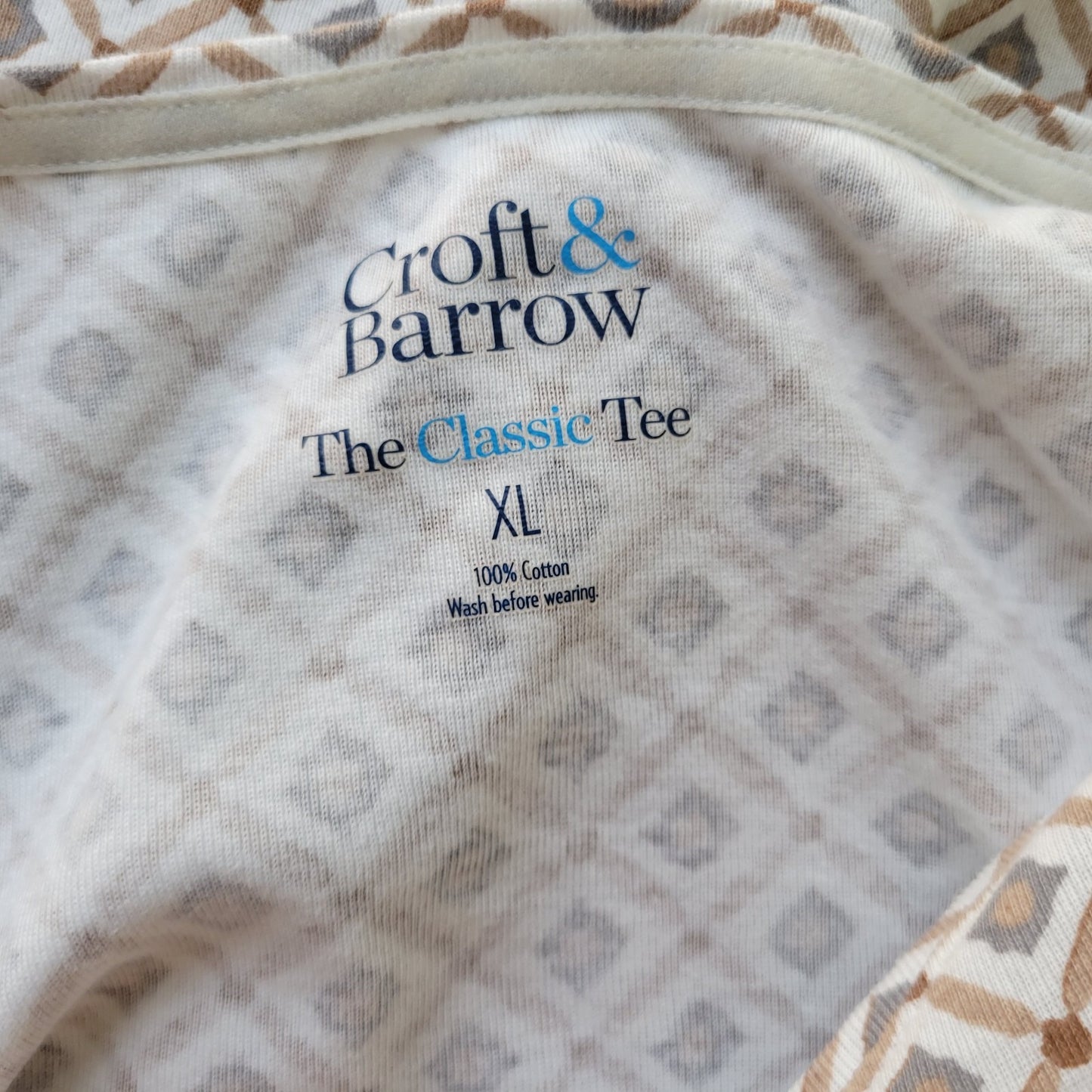 Croft Barrow Womens Top Extra Large XL Tee Long Sleeve Gray Tan Geometric Cotton