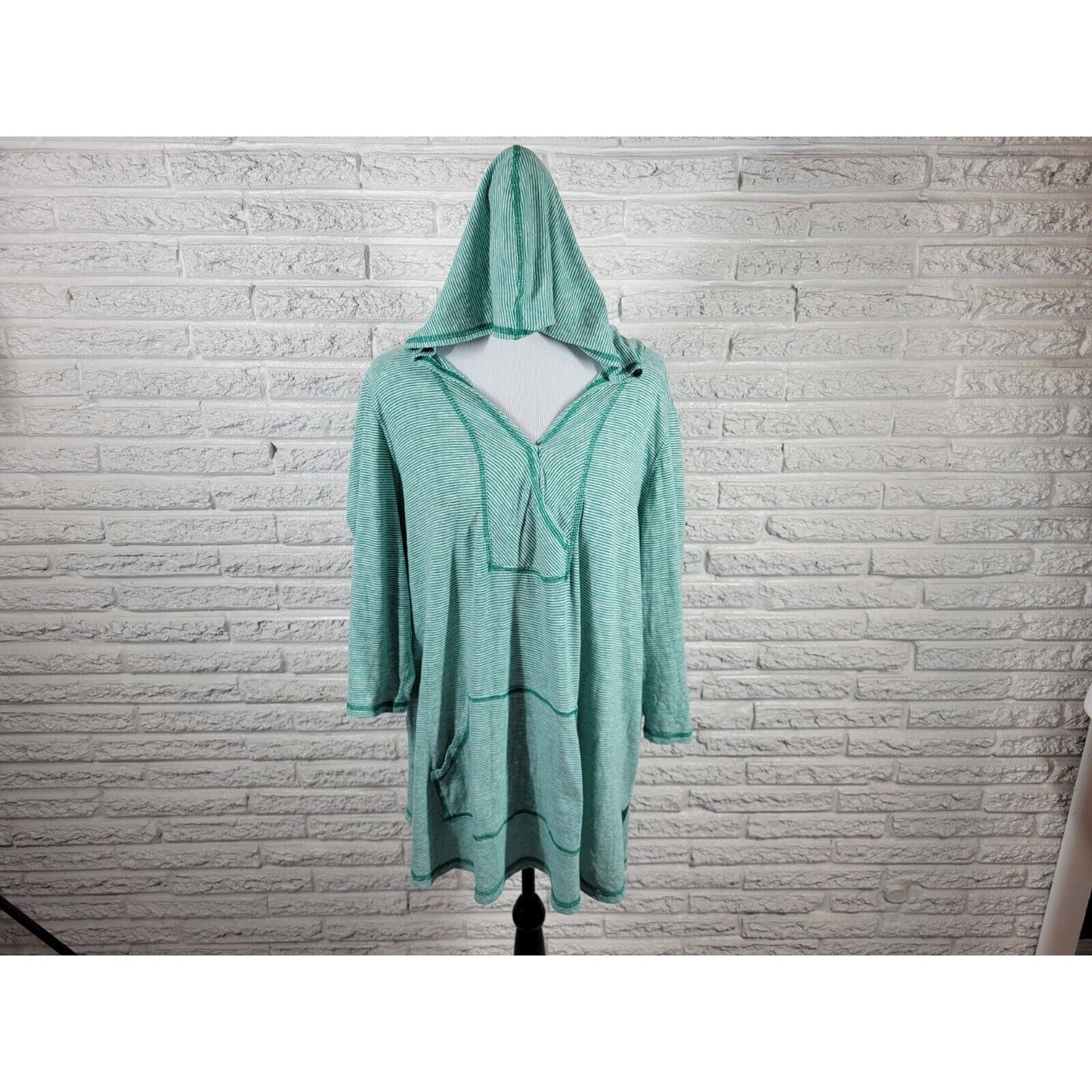 Catherines Womens Swim Coverup 1X 18W 20W Hoodie 3/4 Sleeve Pockets Green Stripe