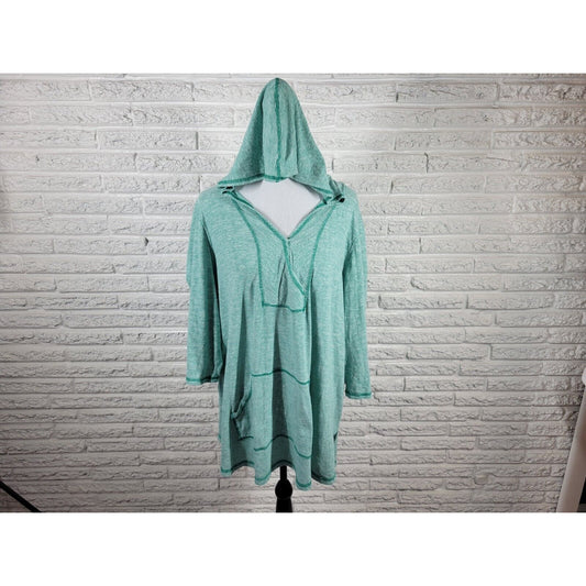 Catherines Womens Swim Coverup 1X 18W 20W Hoodie 3/4 Sleeve Pockets Green Stripe