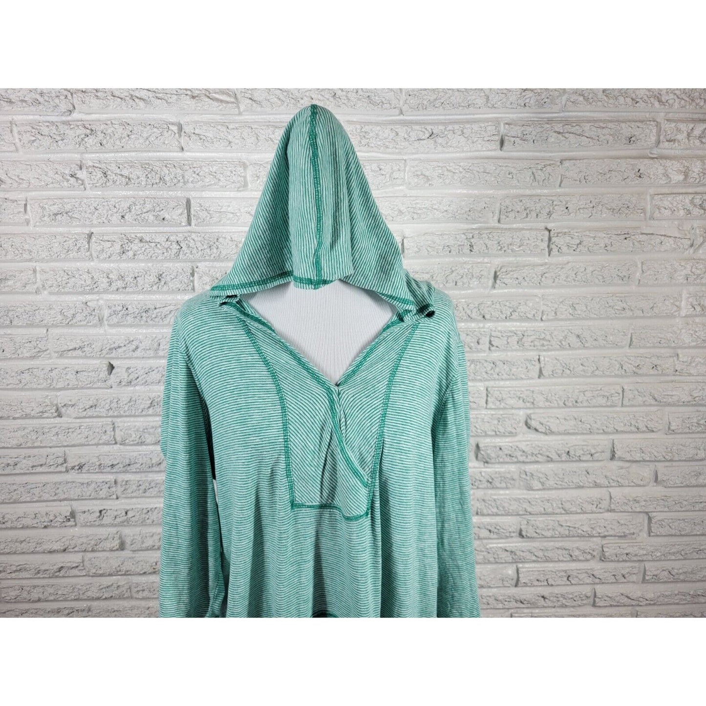 Catherines Womens Swim Coverup 1X 18W 20W Hoodie 3/4 Sleeve Pockets Green Stripe