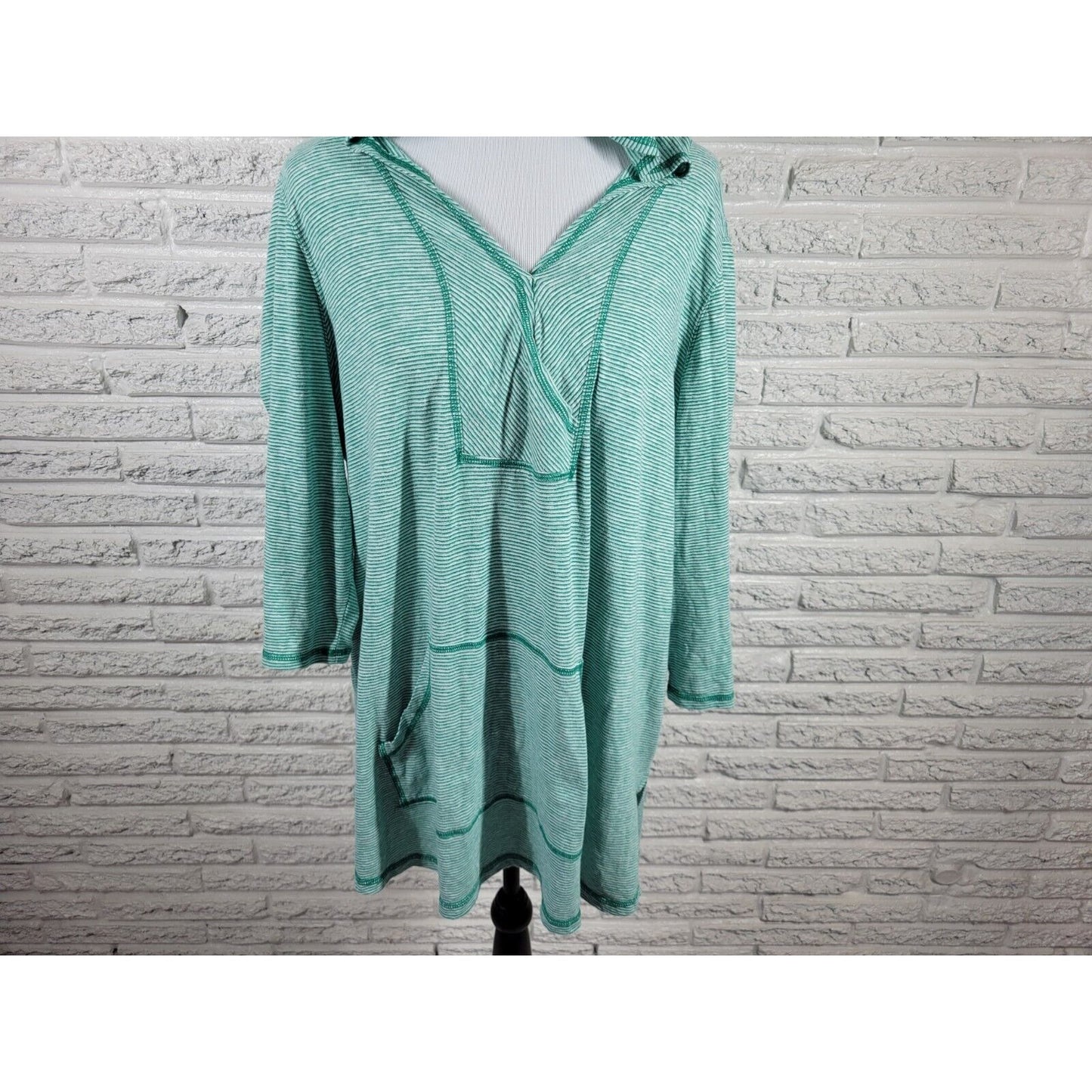 Catherines Womens Swim Coverup 1X 18W 20W Hoodie 3/4 Sleeve Pockets Green Stripe