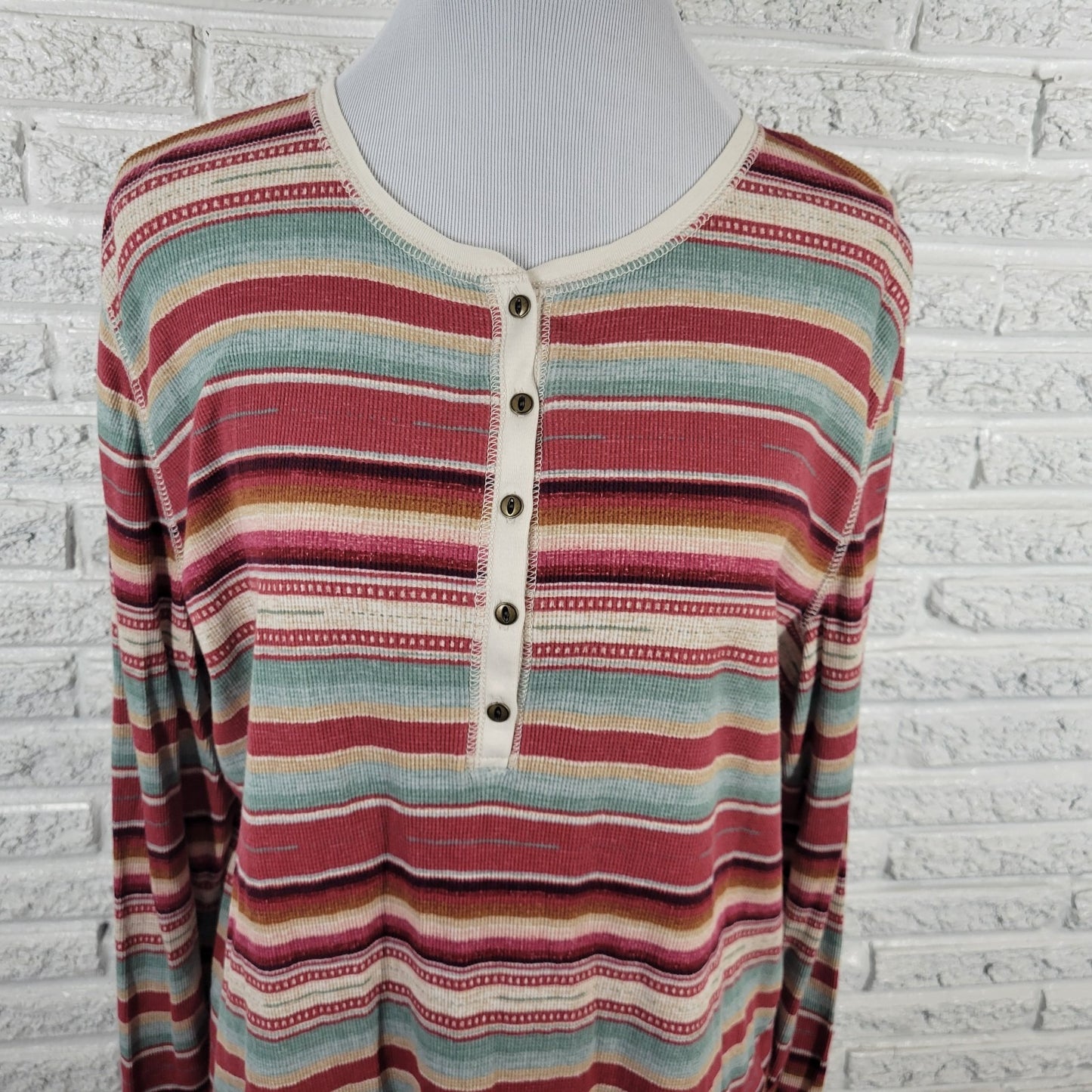 Chaps Womens Sweater 2X Plus Red Yellow Stripe 1/4 Button Lightweight Cotton