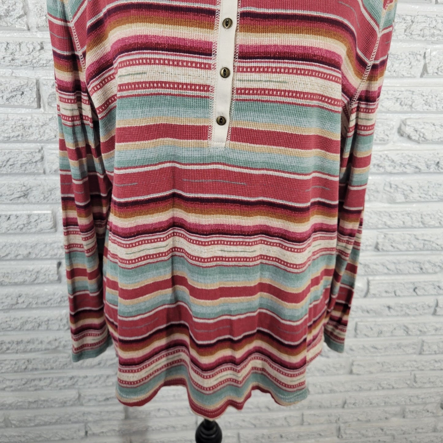 Chaps Womens Sweater 2X Plus Red Yellow Stripe 1/4 Button Lightweight Cotton