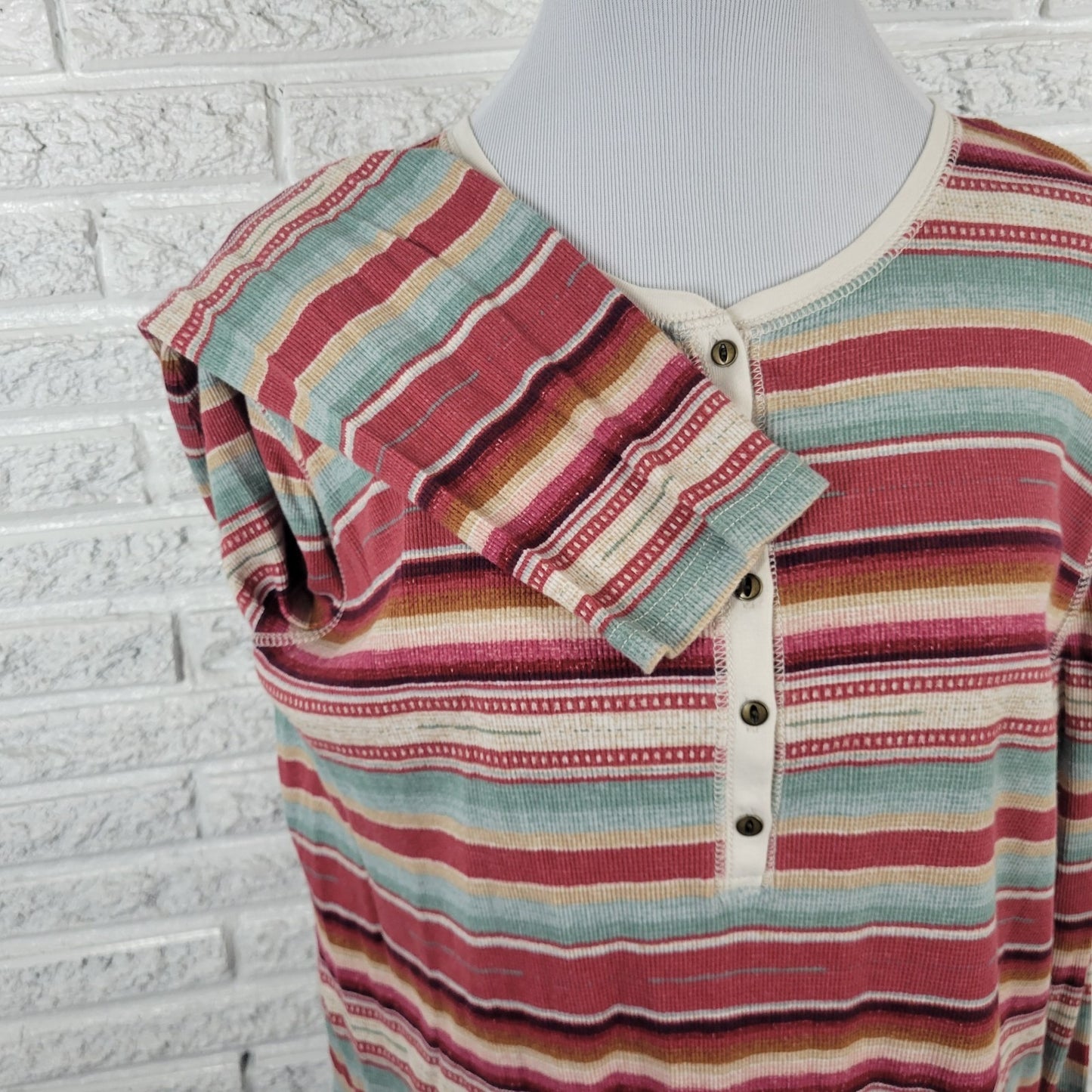 Chaps Womens Sweater 2X Plus Red Yellow Stripe 1/4 Button Lightweight Cotton