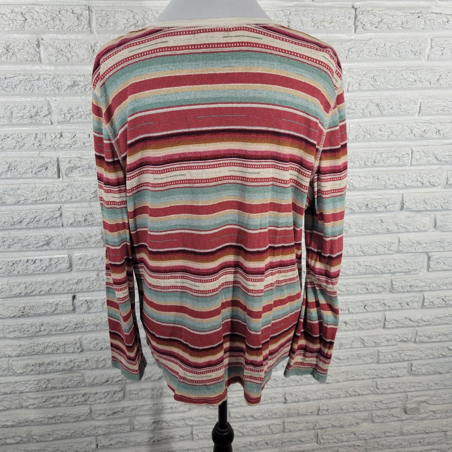 Chaps Womens Sweater 2X Plus Red Yellow Stripe 1/4 Button Lightweight Cotton