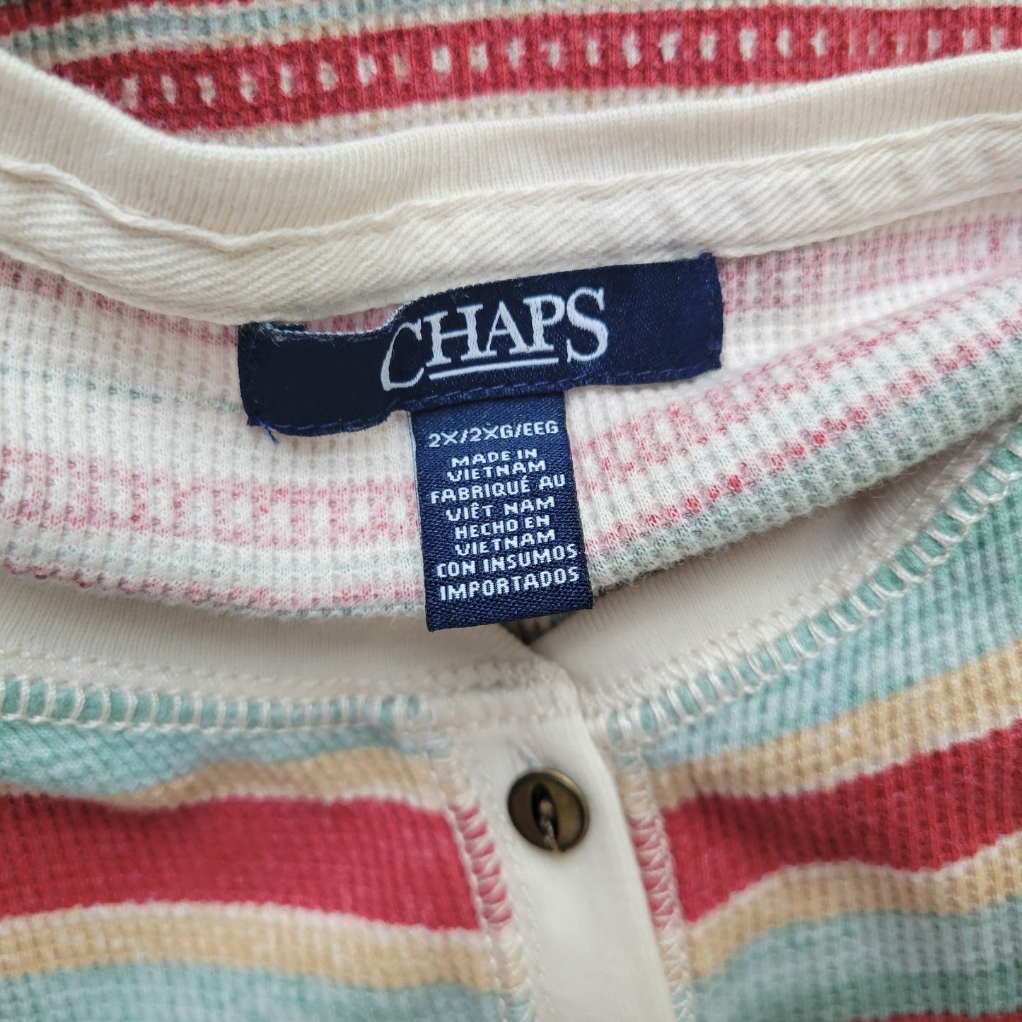 Chaps Womens Sweater 2X Plus Red Yellow Stripe 1/4 Button Lightweight Cotton