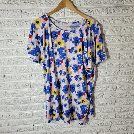 CW Classics Womens Top 3X Tee Flutter Sleeve Blue Pink Floral Cotton Lightweight
