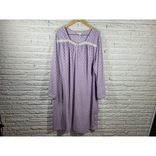 Adonna Womens Nightgown 3X Long Sleeve Fleece Lavender Polka Dot Lace Trim