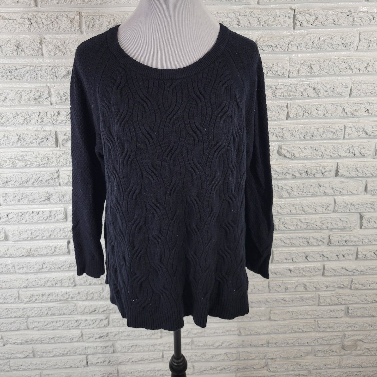 Sonoma Womens Sweater 1X Plus Cable Knit Black Side Slits Casual Cotton Blend