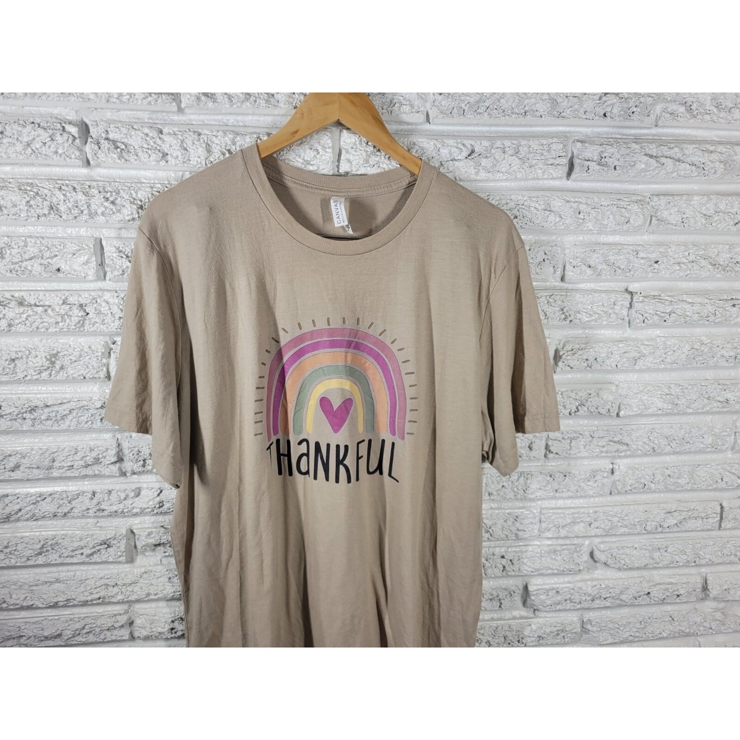 Thanksgiving Womens Top 2XL PlusThankful Short Sleeve Rainbow Beige Cotton Blend