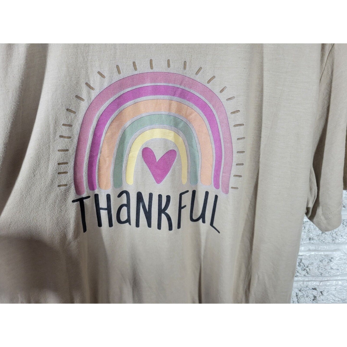 Thanksgiving Womens Top 2XL PlusThankful Short Sleeve Rainbow Beige Cotton Blend