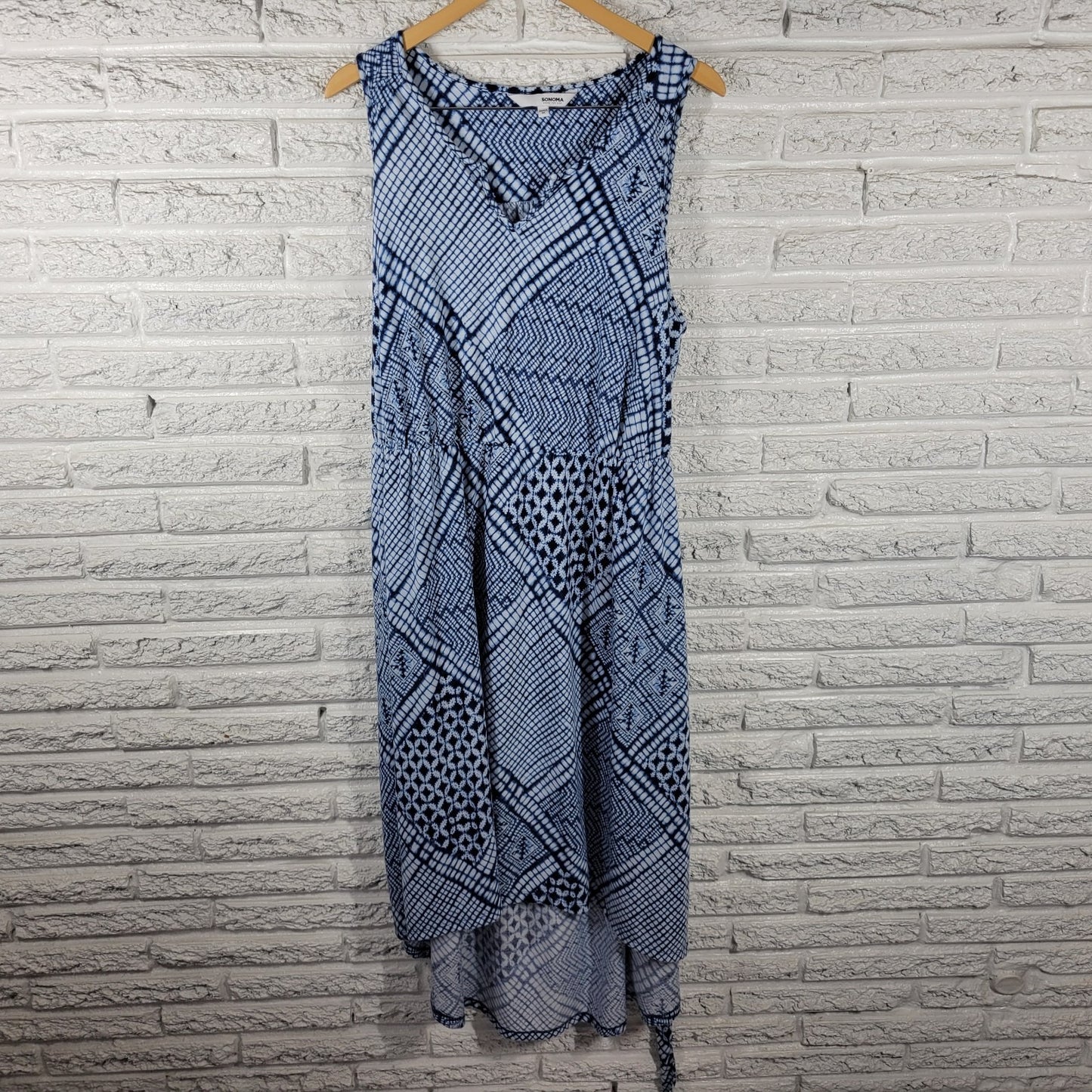 Sonoma Women Dress 1X Plus Sleeveless Tank Sheath Blue Geometric Sash High Low