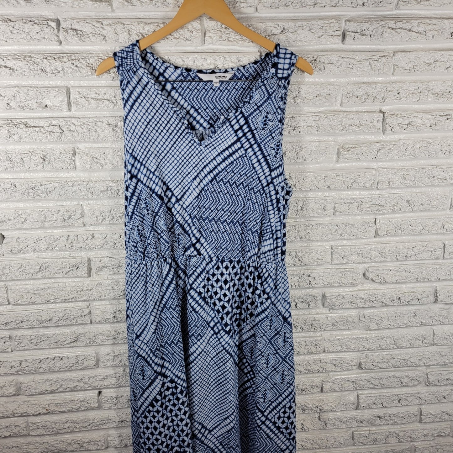 Sonoma Women Dress 1X Plus Sleeveless Tank Sheath Blue Geometric Sash High Low