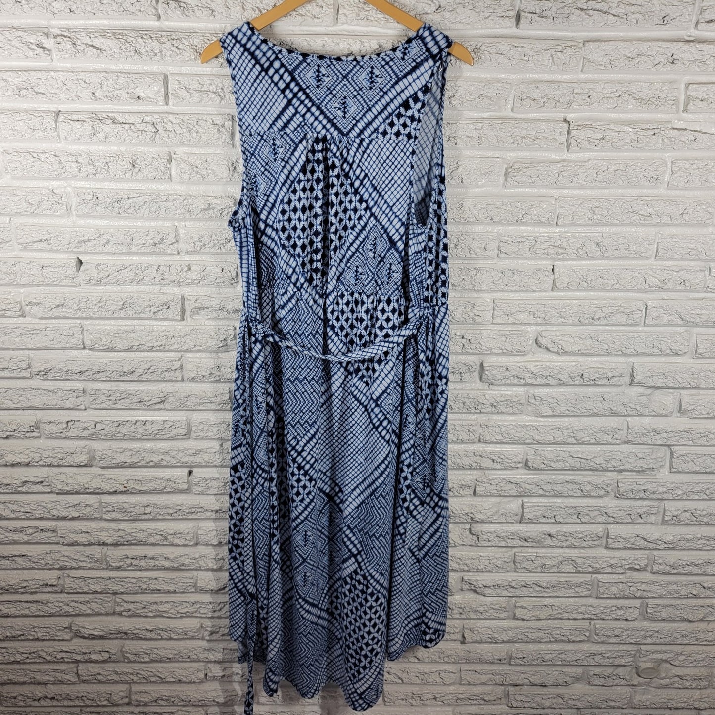 Sonoma Women Dress 1X Plus Sleeveless Tank Sheath Blue Geometric Sash High Low