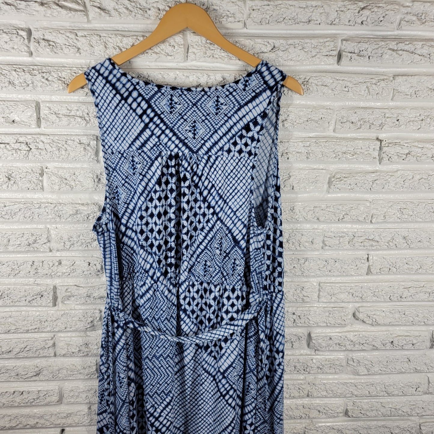 Sonoma Women Dress 1X Plus Sleeveless Tank Sheath Blue Geometric Sash High Low