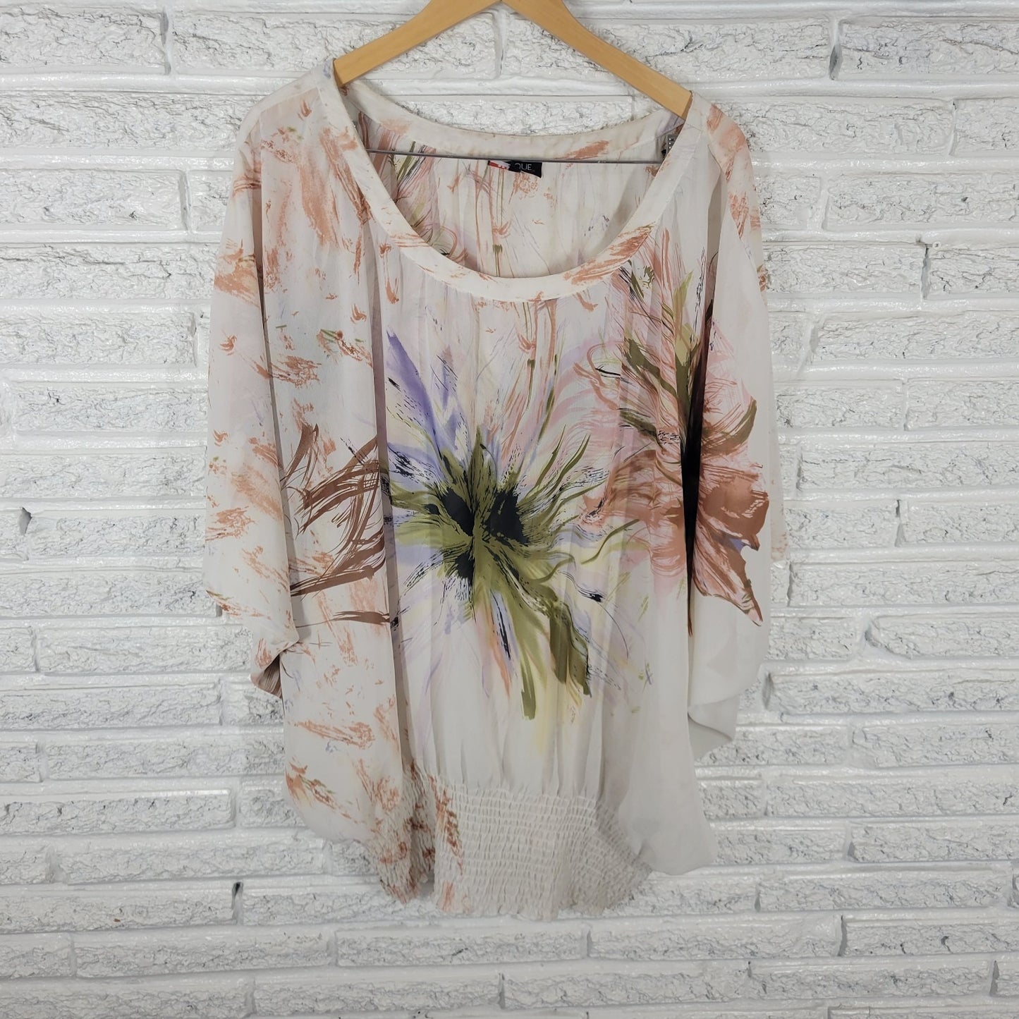 Unique Spectrum Womens Top 3X Plus Tunic Batwing Brown Watercolor Smocked Waist