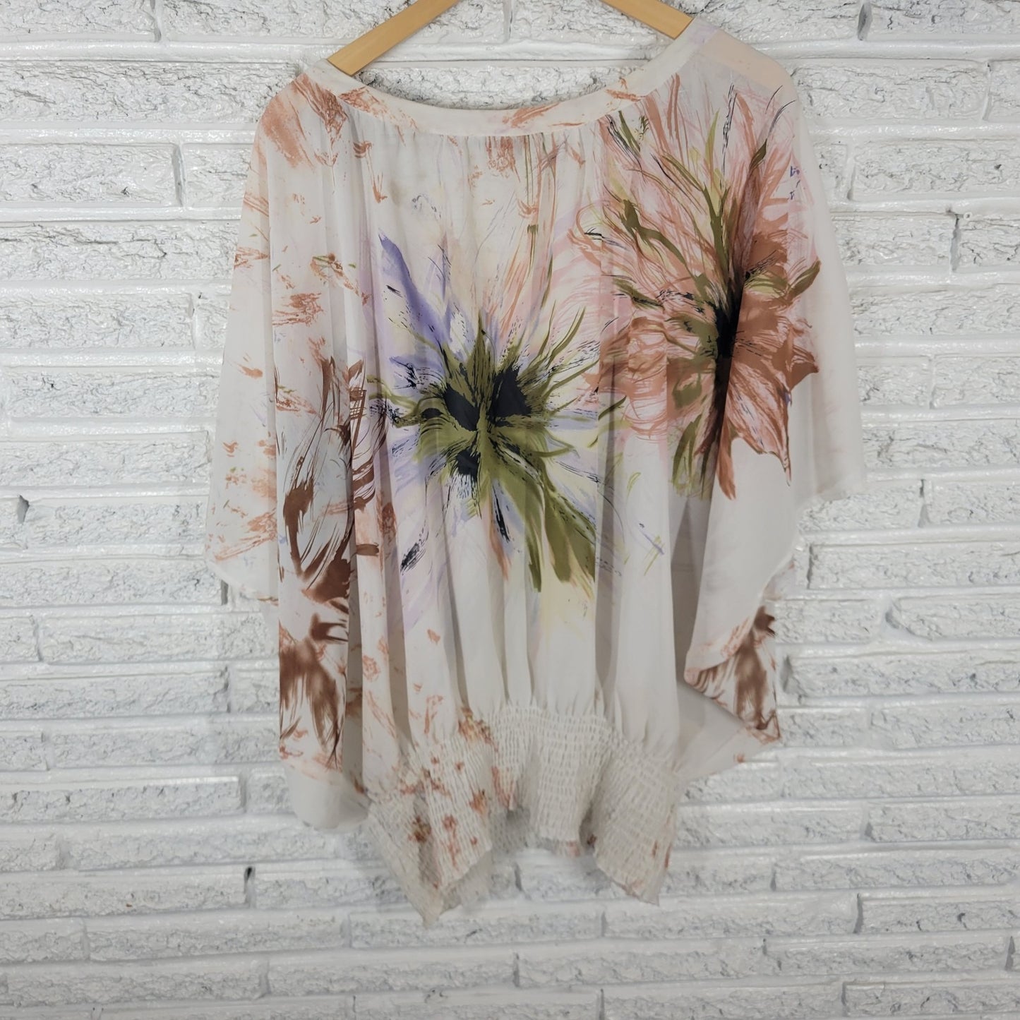 Unique Spectrum Womens Top 3X Plus Tunic Batwing Brown Watercolor Smocked Waist