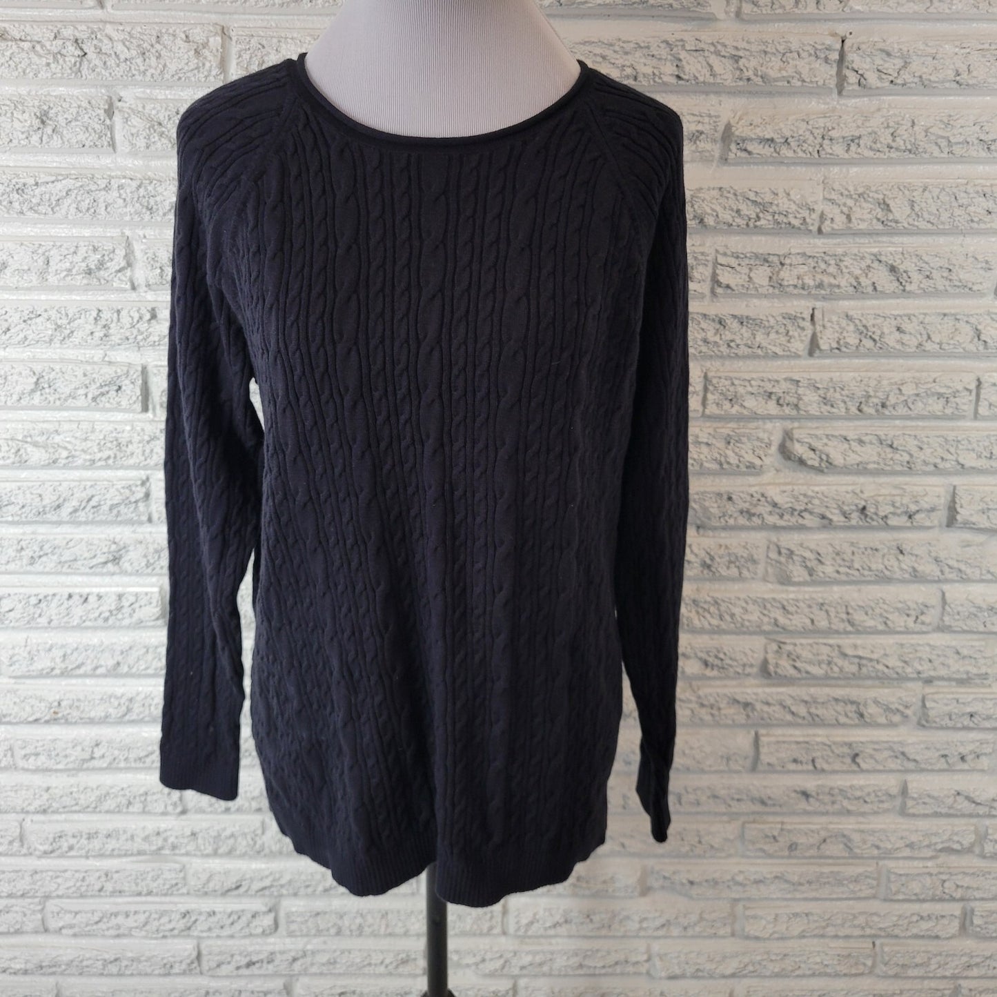 Lands End Womens Sweater XL 18 Plus Cable Knit Black Cotton Casual Comfy