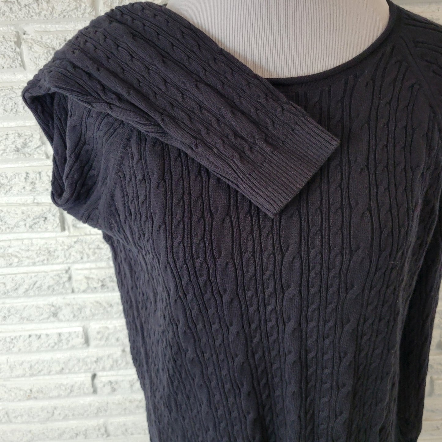 Lands End Womens Sweater XL 18 Plus Cable Knit Black Cotton Casual Comfy