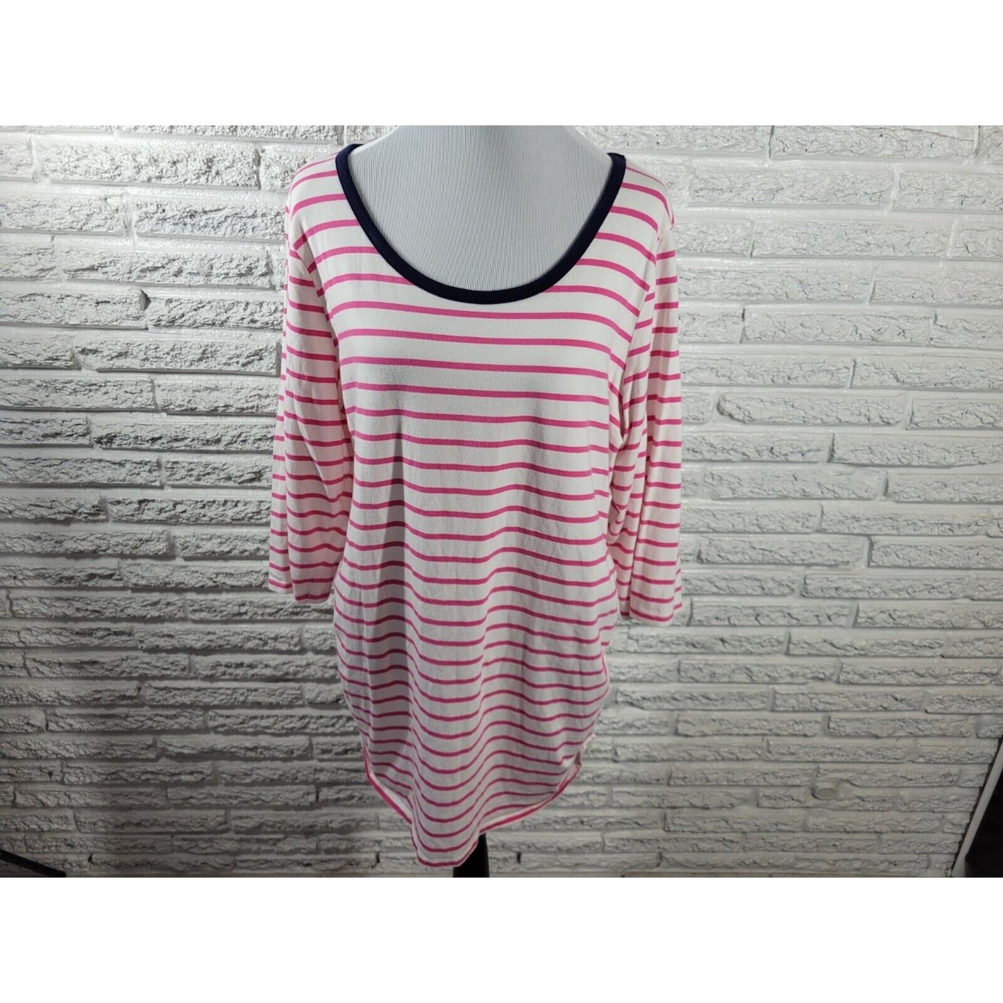 Motherhood Maternity Women Top 2X Plus Tee 3/4 Sleeve Pink Stripe Cotton Blend