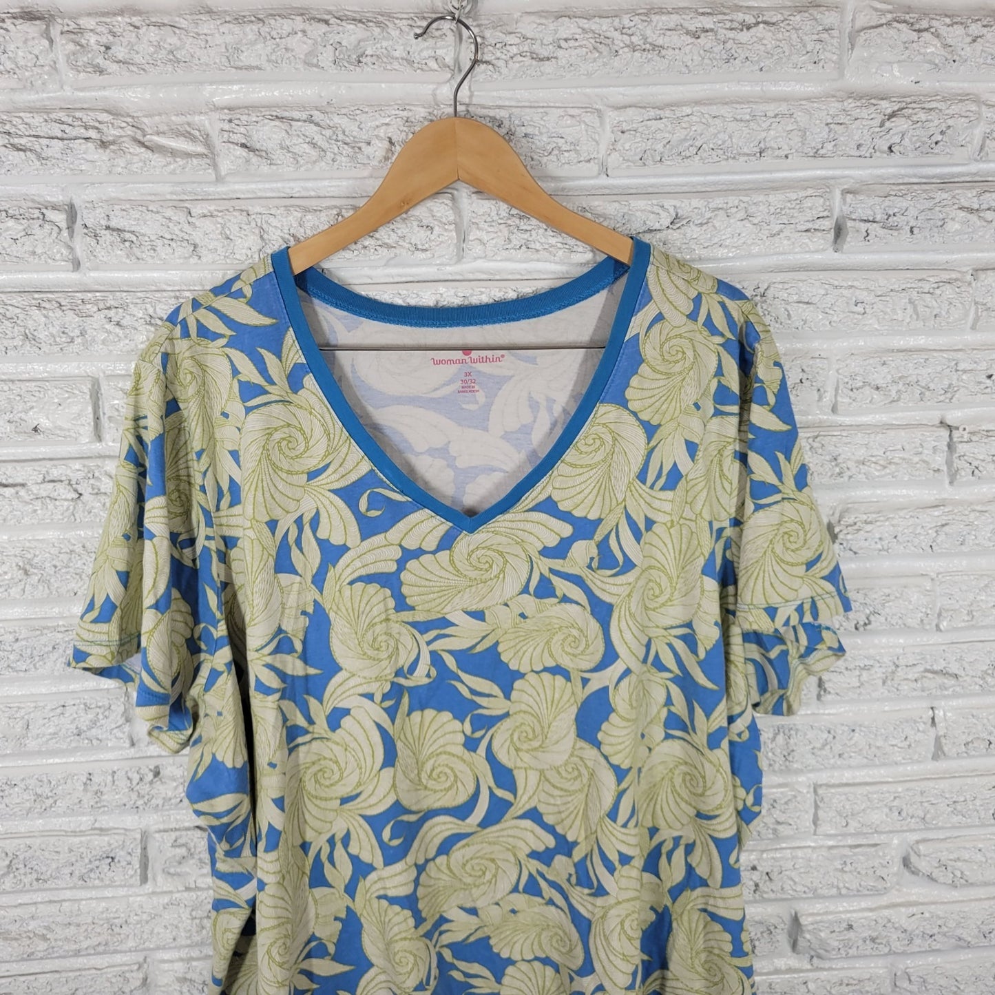 Woman Within Women Top 3X Plus Tee Short Sleeve Blue Green Nautilus Comfy Cotton