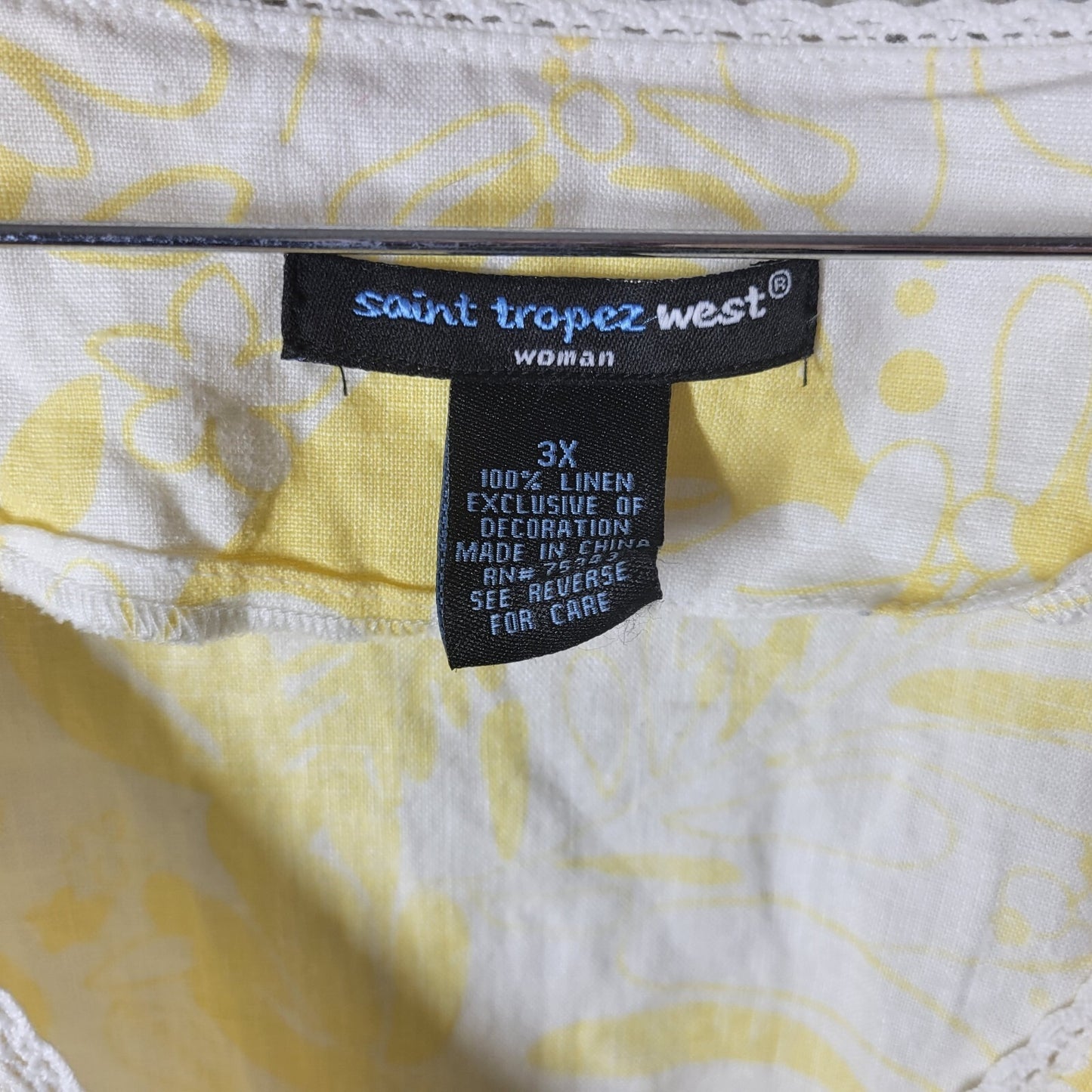 St Tropez West Women Top 3X Plus 3/4 Sleeve Yellow Floral Linen Lightweight Lace