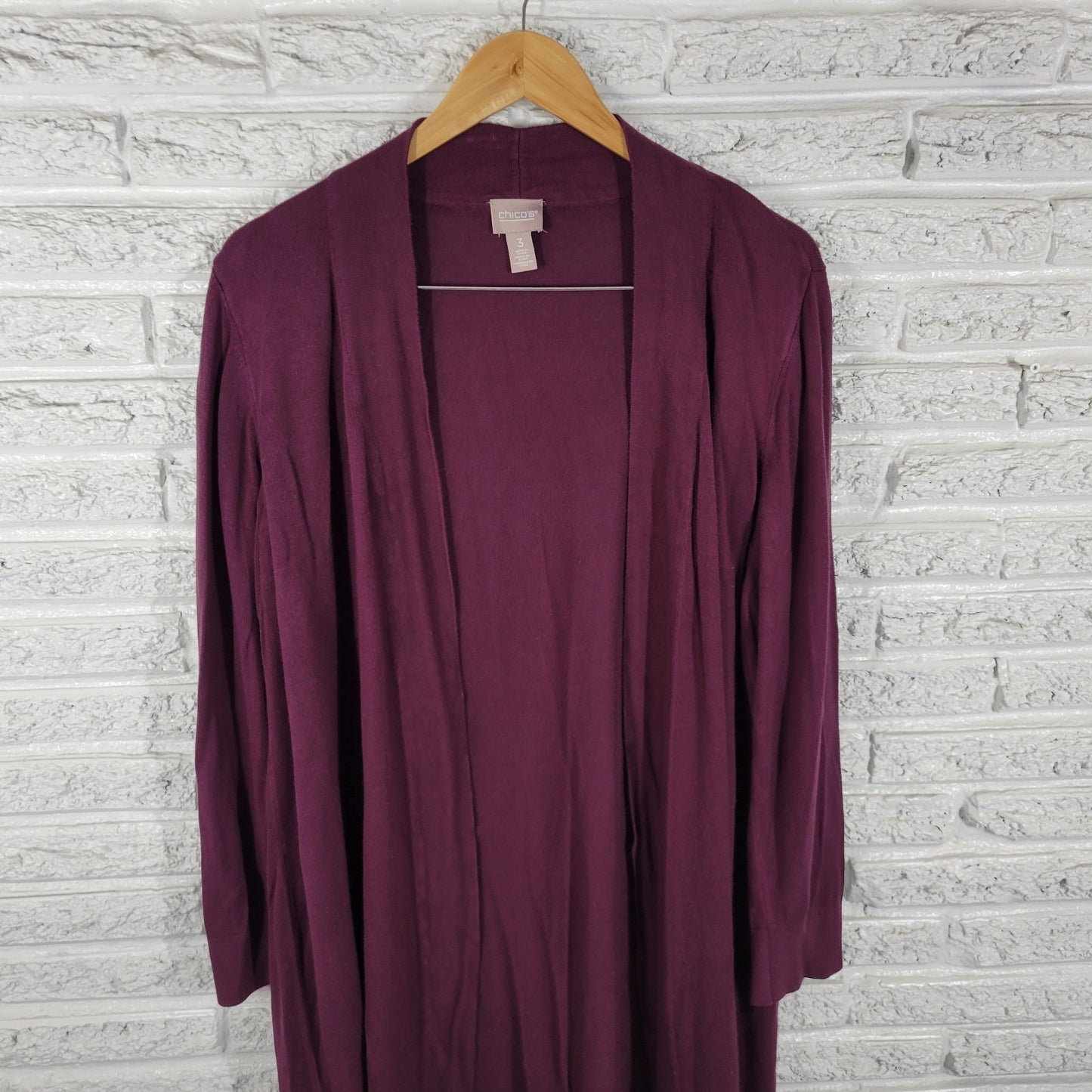 Chicos Womens Sweater 3 Standard XL Cardigan Open Burgundy Rayon Office Casual