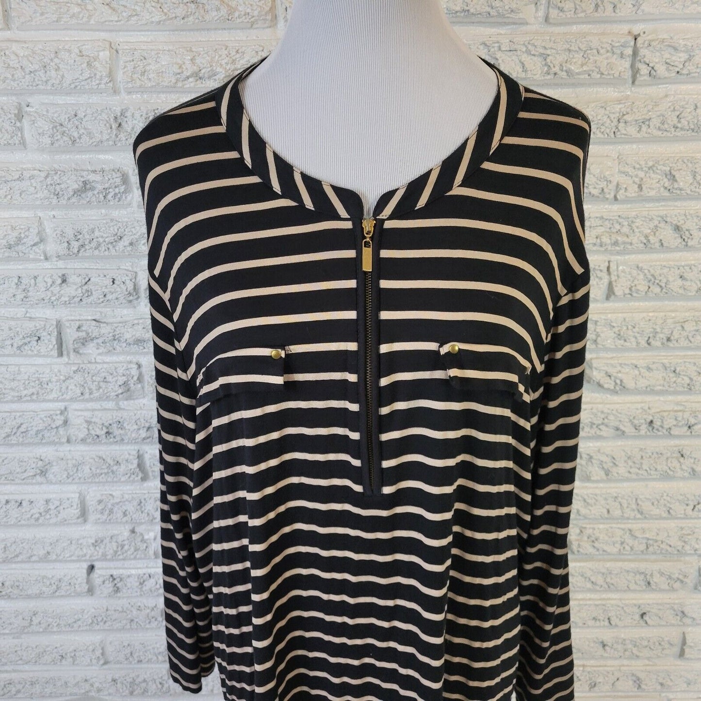 Rebecca Malone Women Top 2X Plus 3/4 Sleeve Zip Black Stripe Faux Pockets Casual