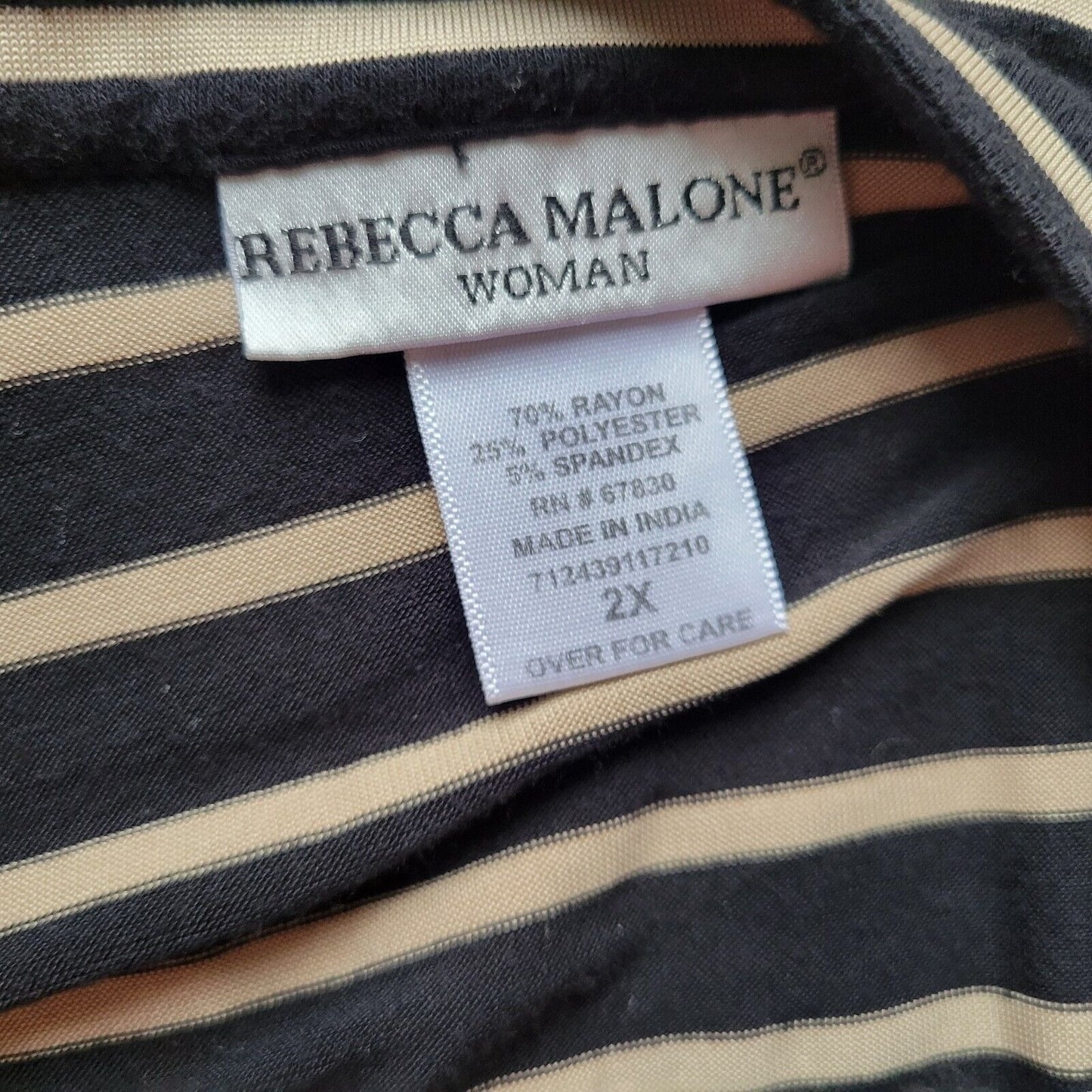 Rebecca Malone Women Top 2X Plus 3/4 Sleeve Zip Black Stripe Faux Pockets Casual