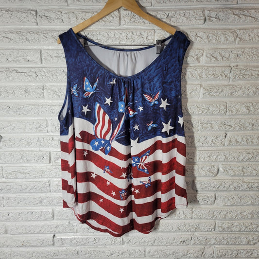 Fourth of July Women Top 4XL Plus Tank Patriotic Butterflies Red Blue Poly Blend