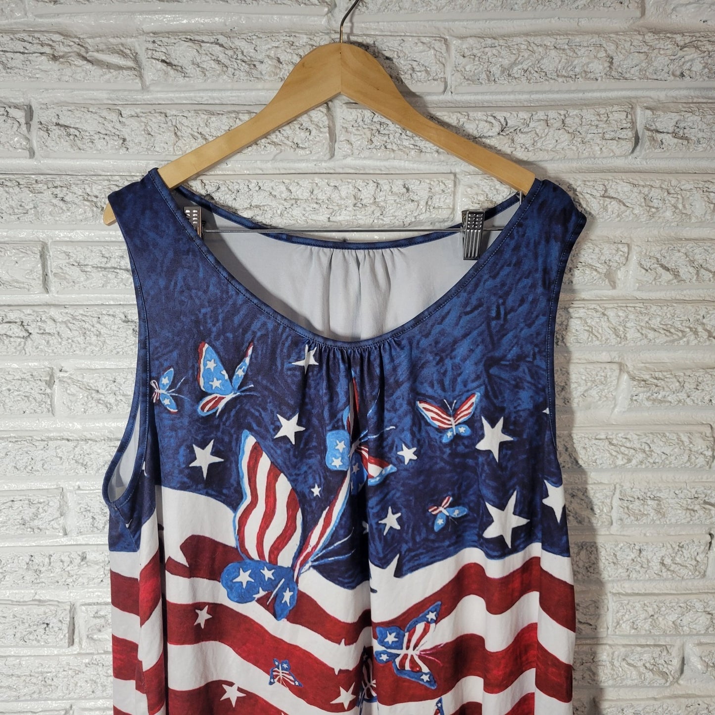 Fourth of July Women Top 4XL Plus Tank Patriotic Butterflies Red Blue Poly Blend