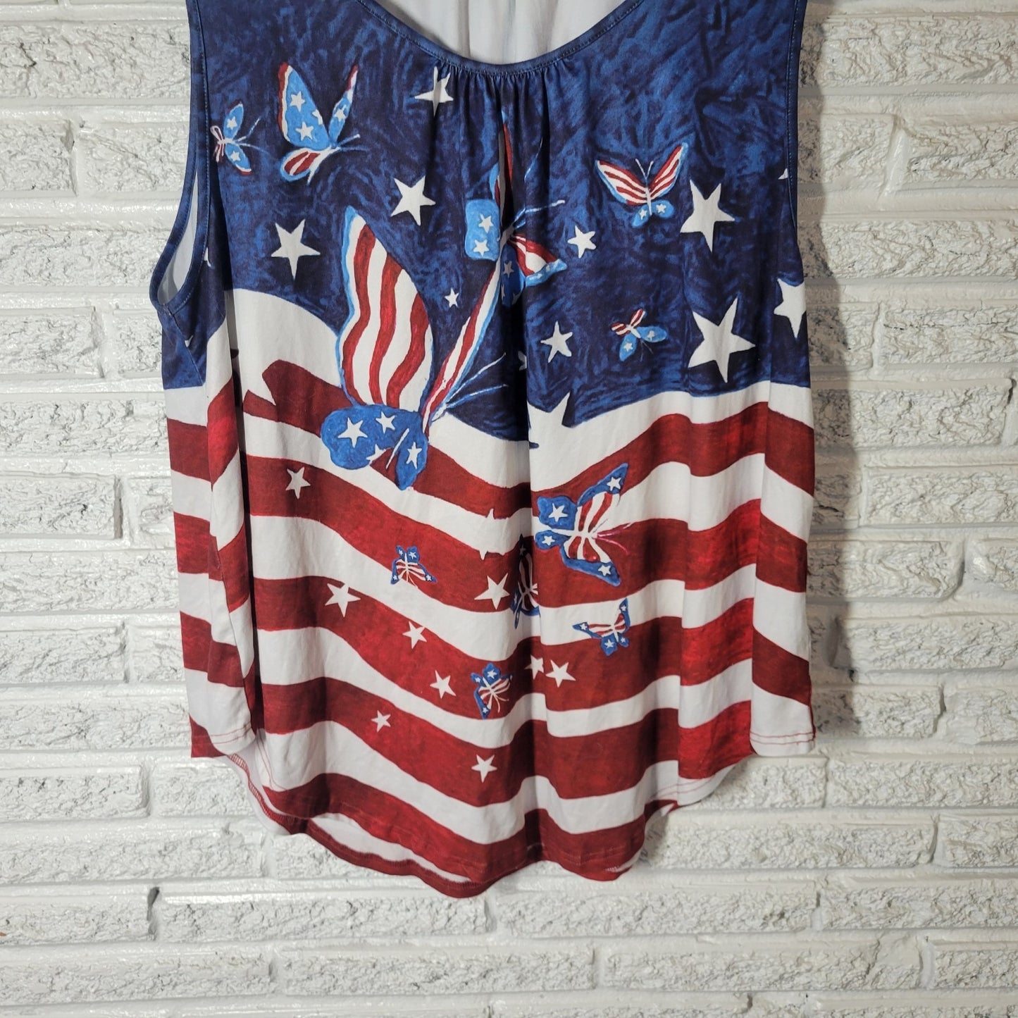 Fourth of July Women Top 4XL Plus Tank Patriotic Butterflies Red Blue Poly Blend