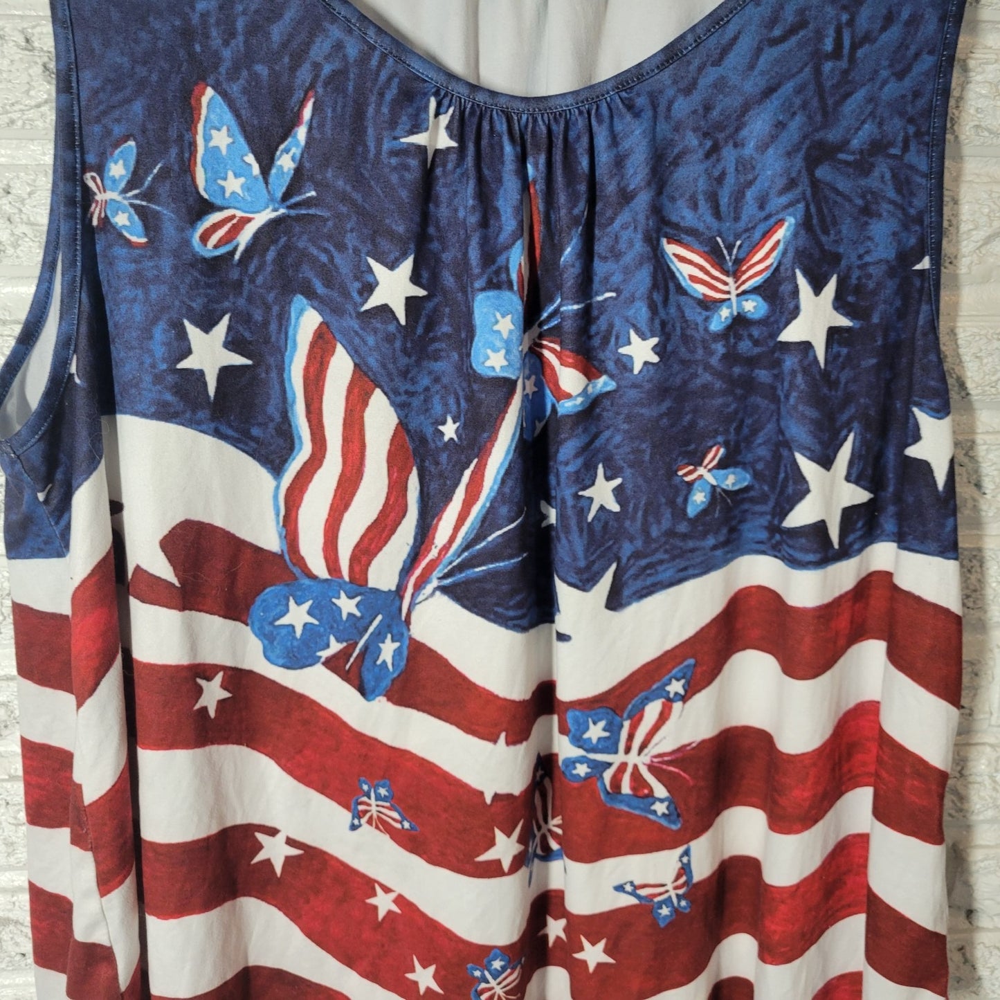 Fourth of July Women Top 4XL Plus Tank Patriotic Butterflies Red Blue Poly Blend