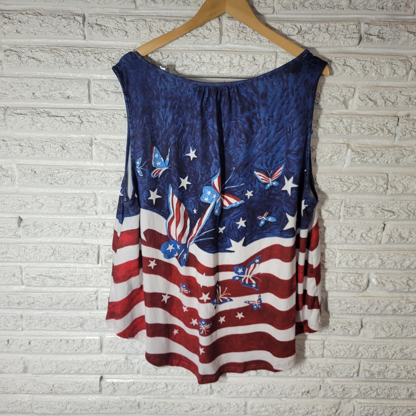 Fourth of July Women Top 4XL Plus Tank Patriotic Butterflies Red Blue Poly Blend