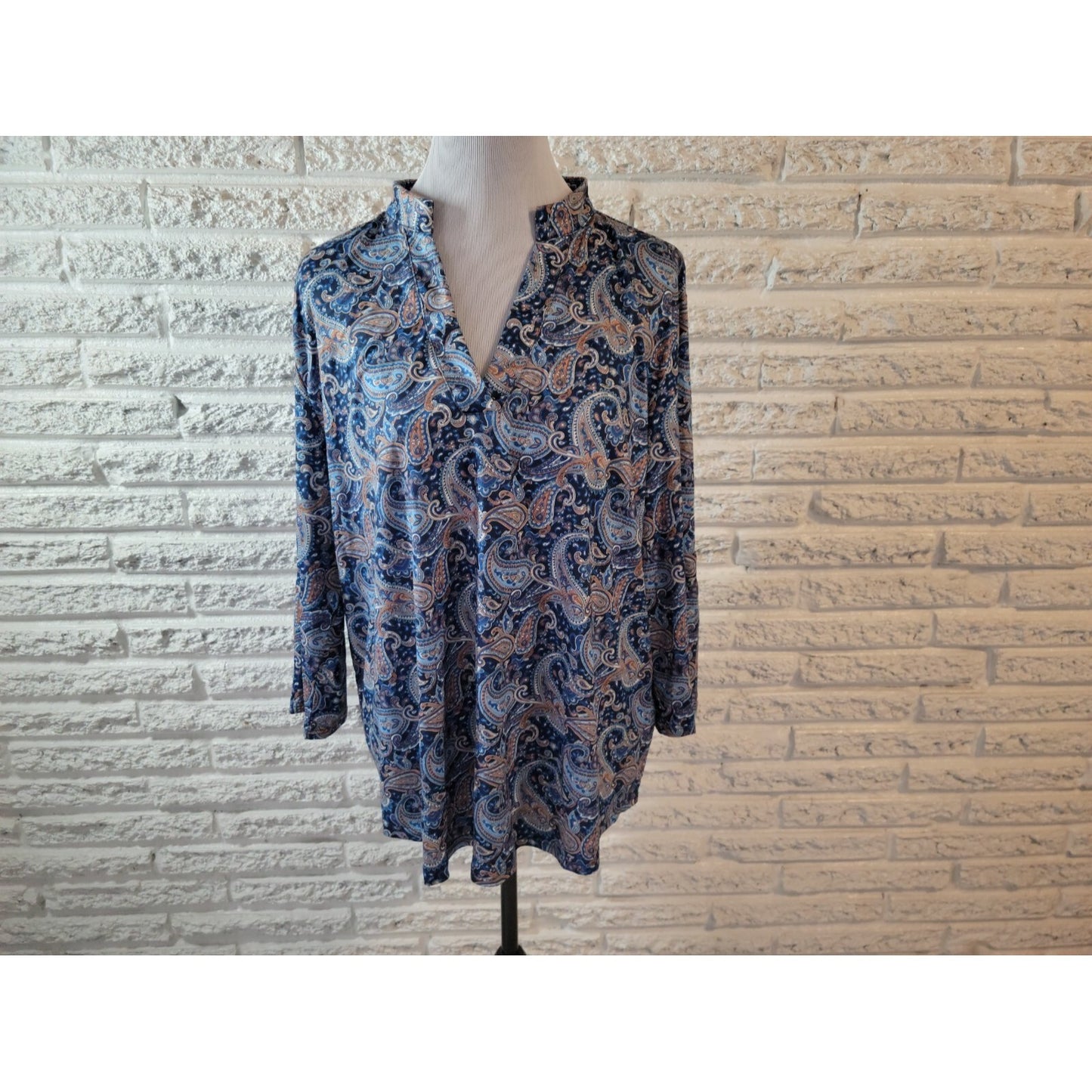 Womens Top 3XL Plus Tunic 3/4 Sleeve Blue Paisley Polyester Blend Asymmetric