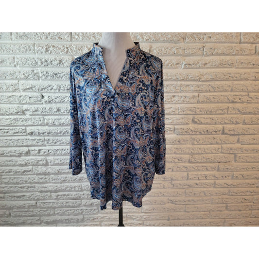 Womens Top 3XL Plus Tunic 3/4 Sleeve Blue Paisley Polyester Blend Asymmetric