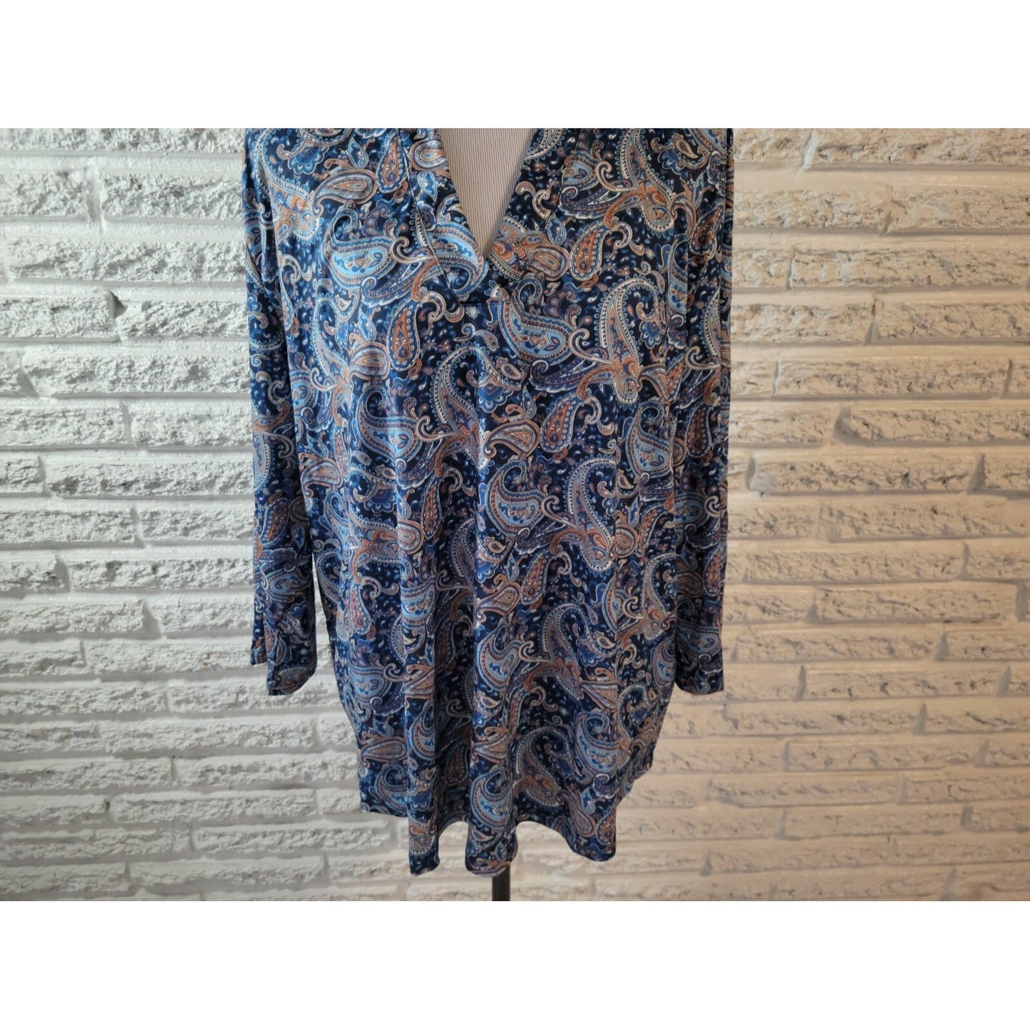 Womens Top 3XL Plus Tunic 3/4 Sleeve Blue Paisley Polyester Blend Asymmetric