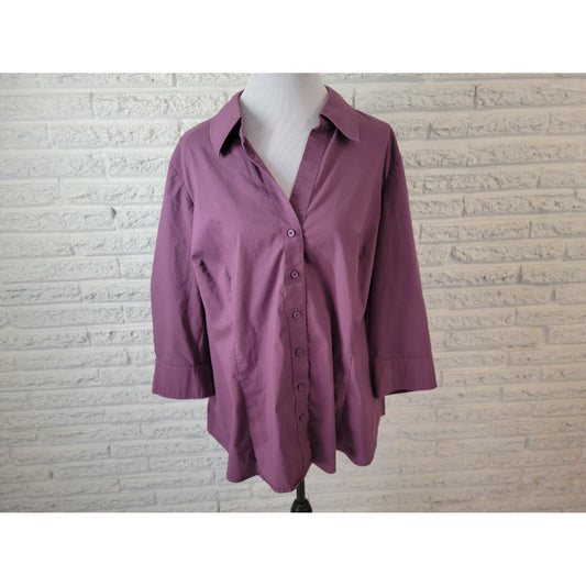 Worthington Women Shirt 3X Plus 3/4 Sleeve Collar Button Up Purple Lightweight