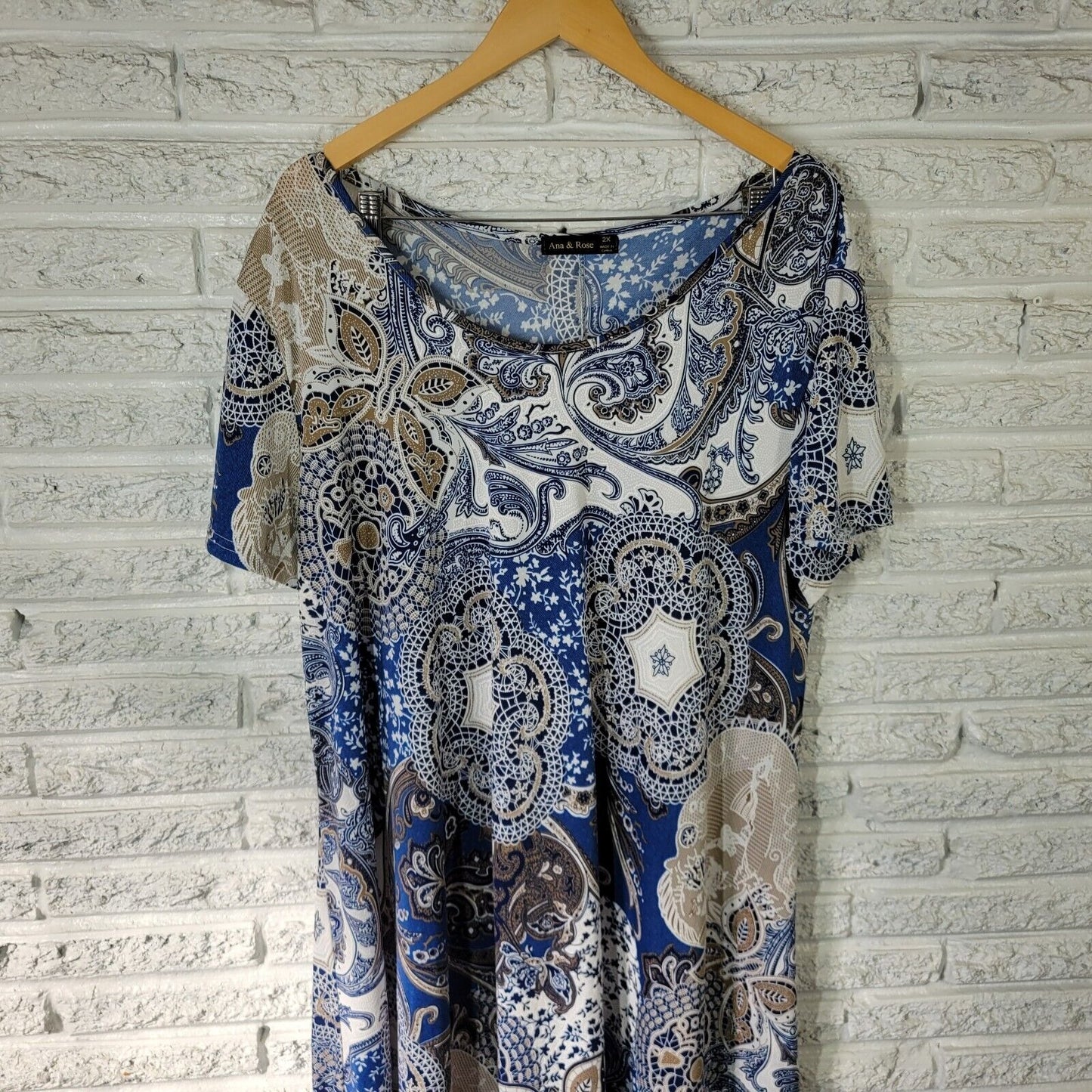 Ana Rose Womens Dress 2X Mini Short Sleeve Blue Paisley Poly Blend Lightweight
