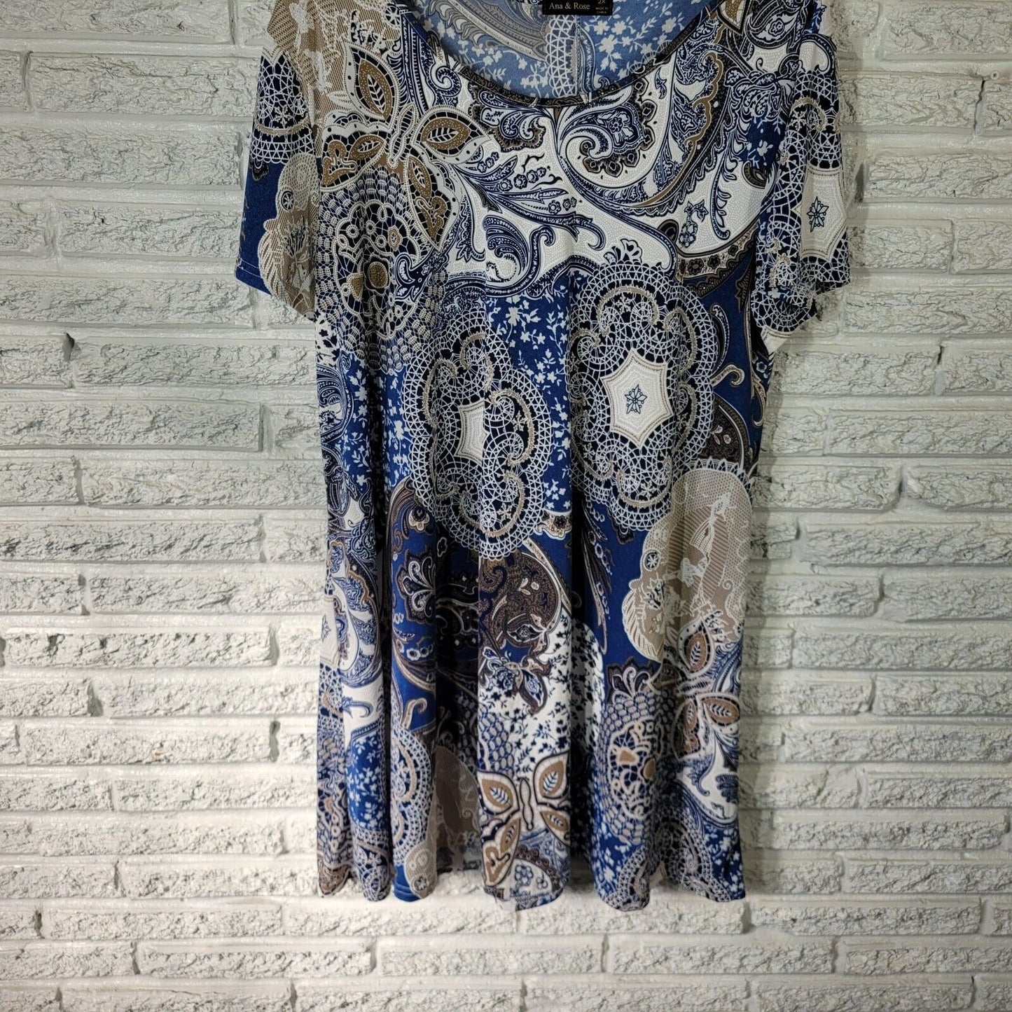 Ana Rose Womens Dress 2X Mini Short Sleeve Blue Paisley Poly Blend Lightweight
