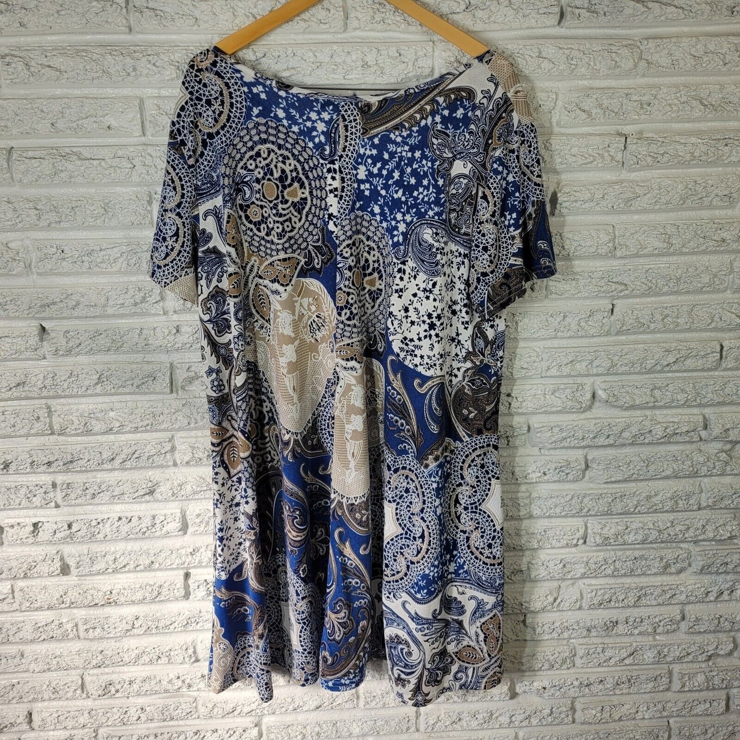 Ana Rose Womens Dress 2X Mini Short Sleeve Blue Paisley Poly Blend Lightweight