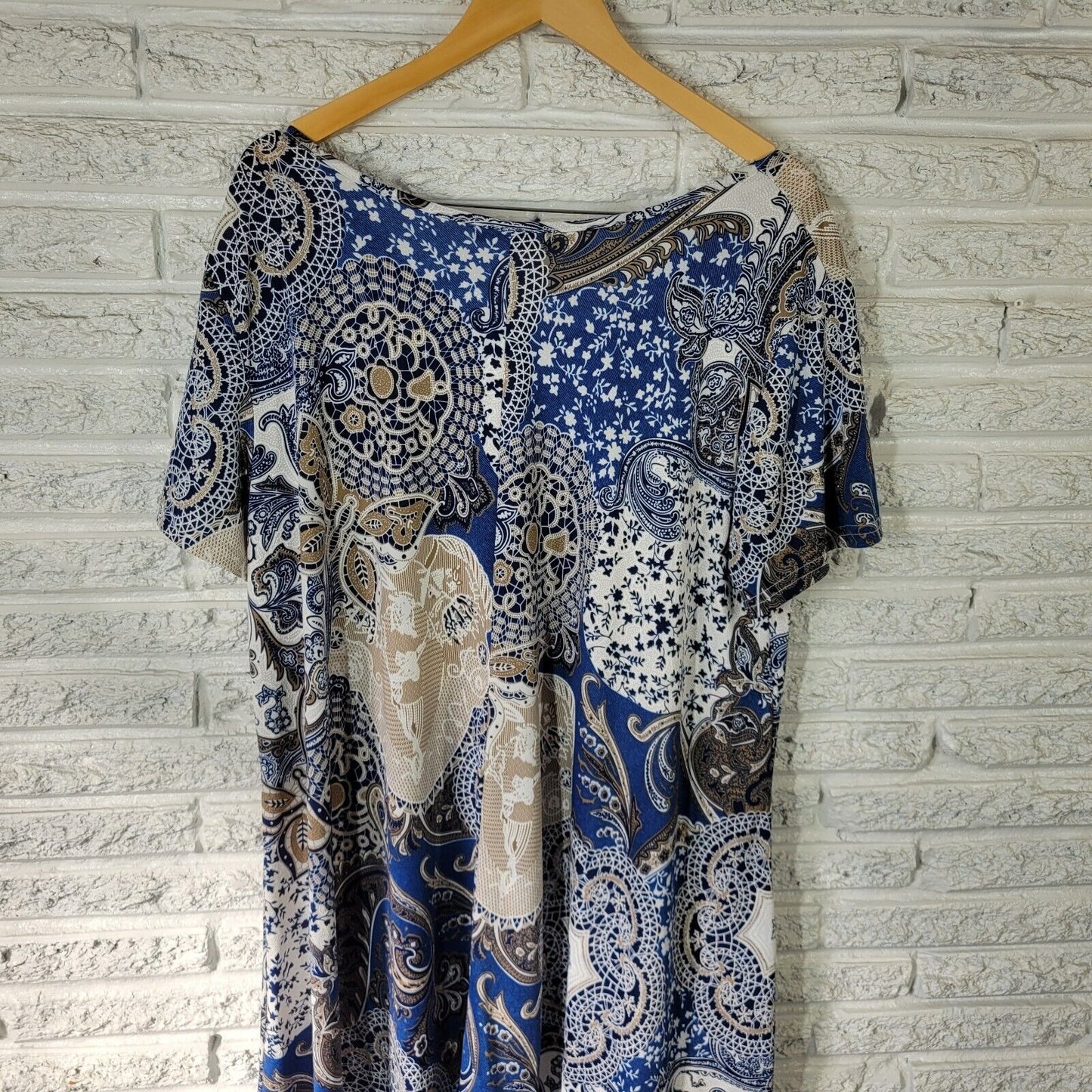 Ana Rose Womens Dress 2X Mini Short Sleeve Blue Paisley Poly Blend Lightweight