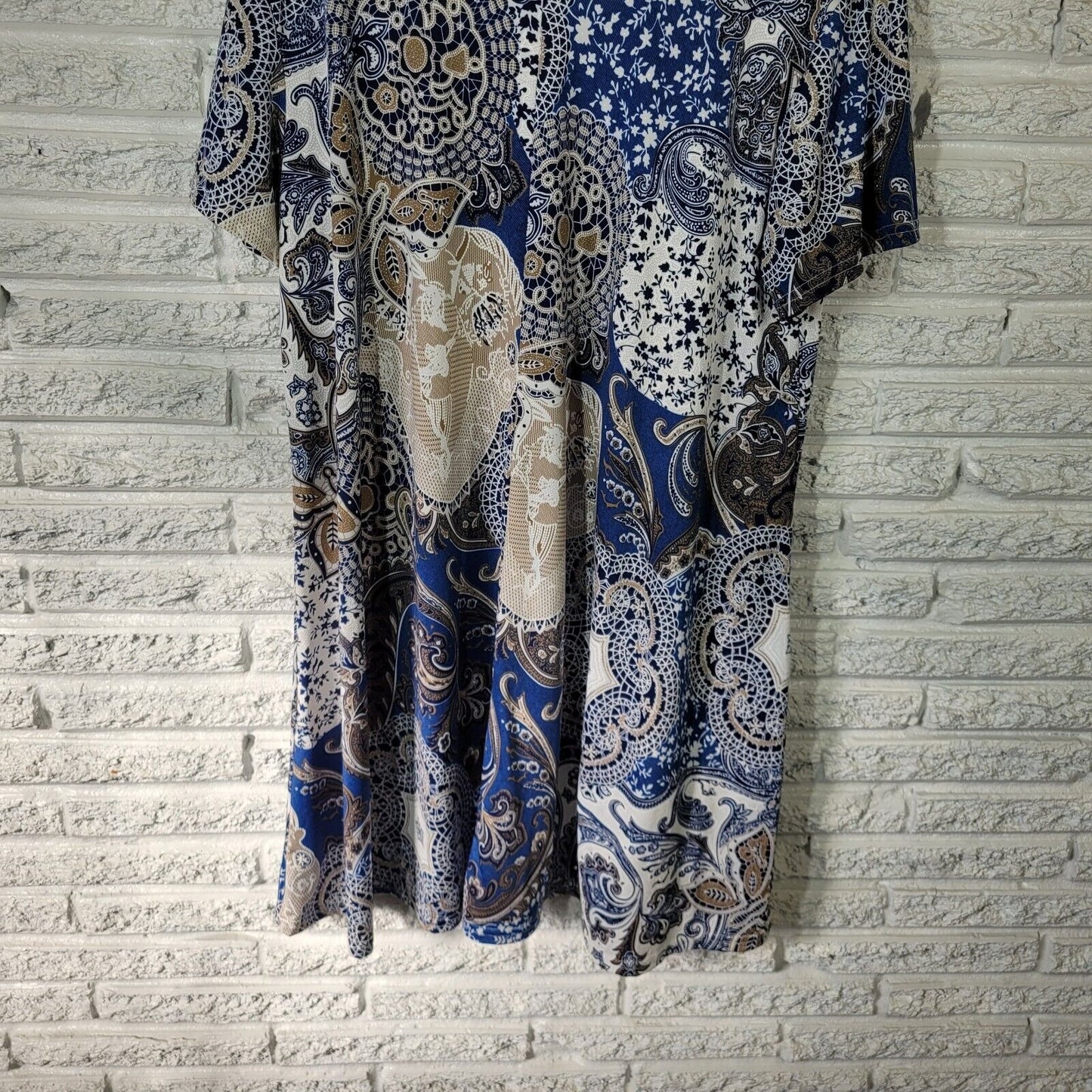Ana Rose Womens Dress 2X Mini Short Sleeve Blue Paisley Poly Blend Lightweight