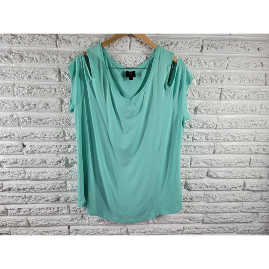 JM Collection Women Top XXL Plus Tee Short Sleeve Cold Shoulder Rayon Blend Blue